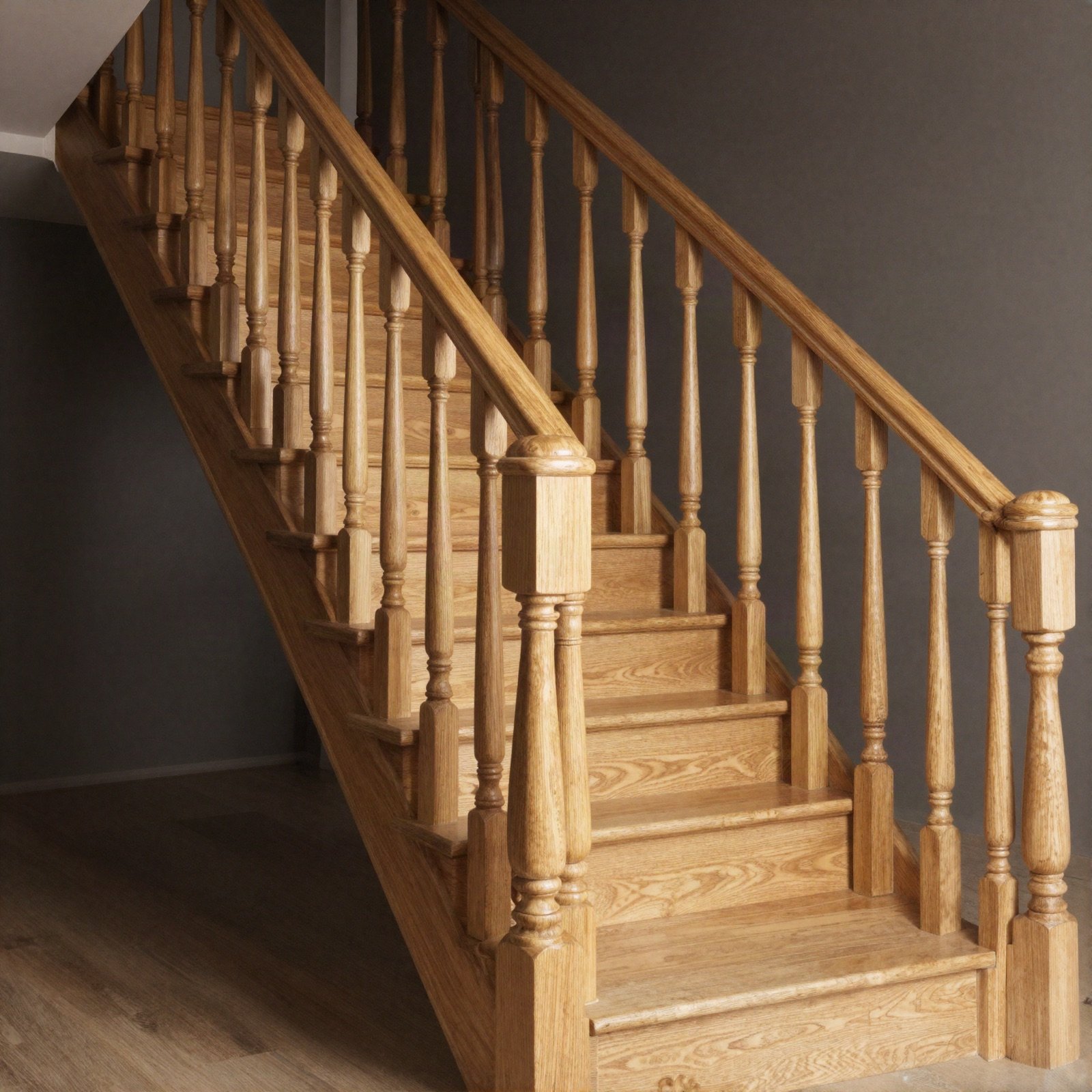 A solid oak staircase with turned balusters and a wooden handrail