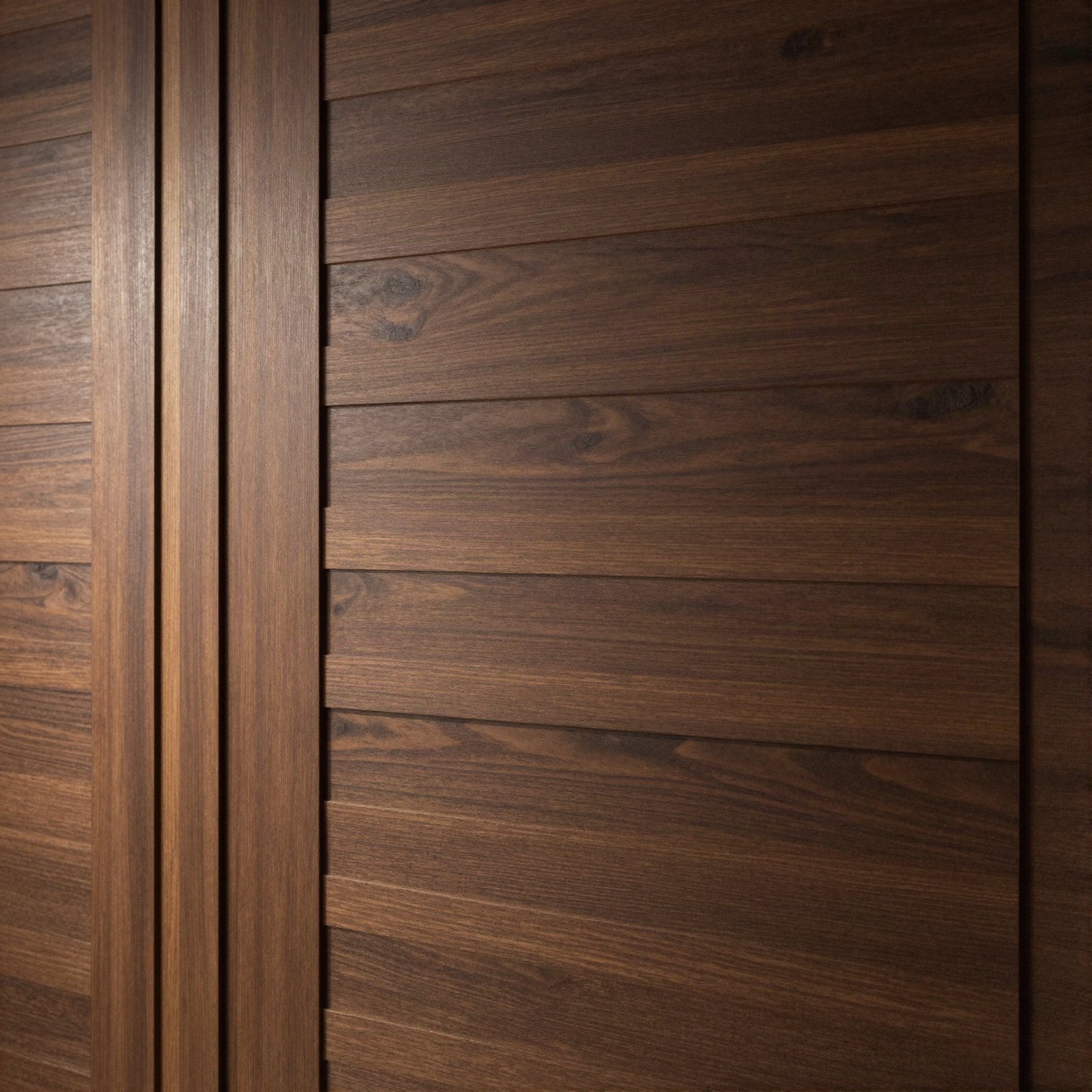 A wall clad in dark walnut wood panels