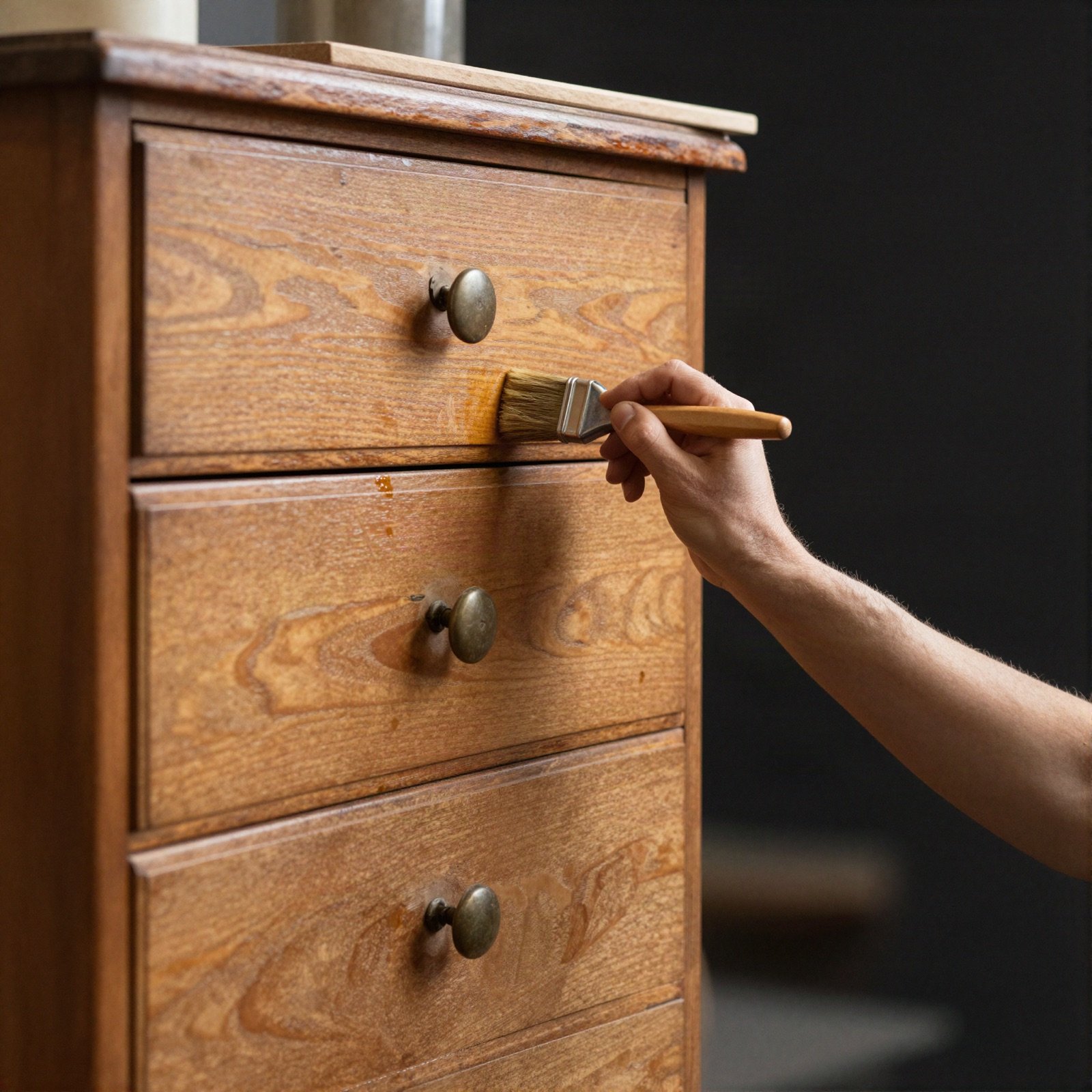A craftsman brushing stain onto an antique chest of drawers