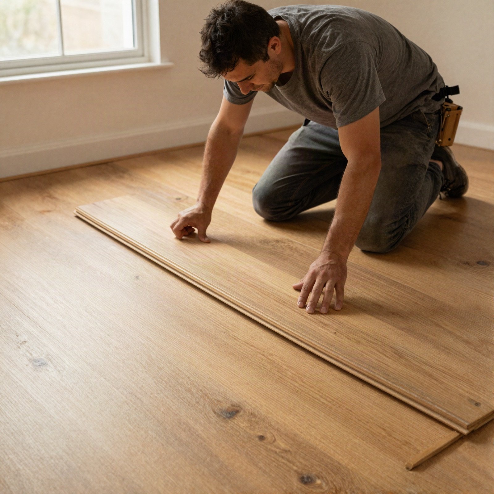 A carpenter laying oak floor planks in an empty room