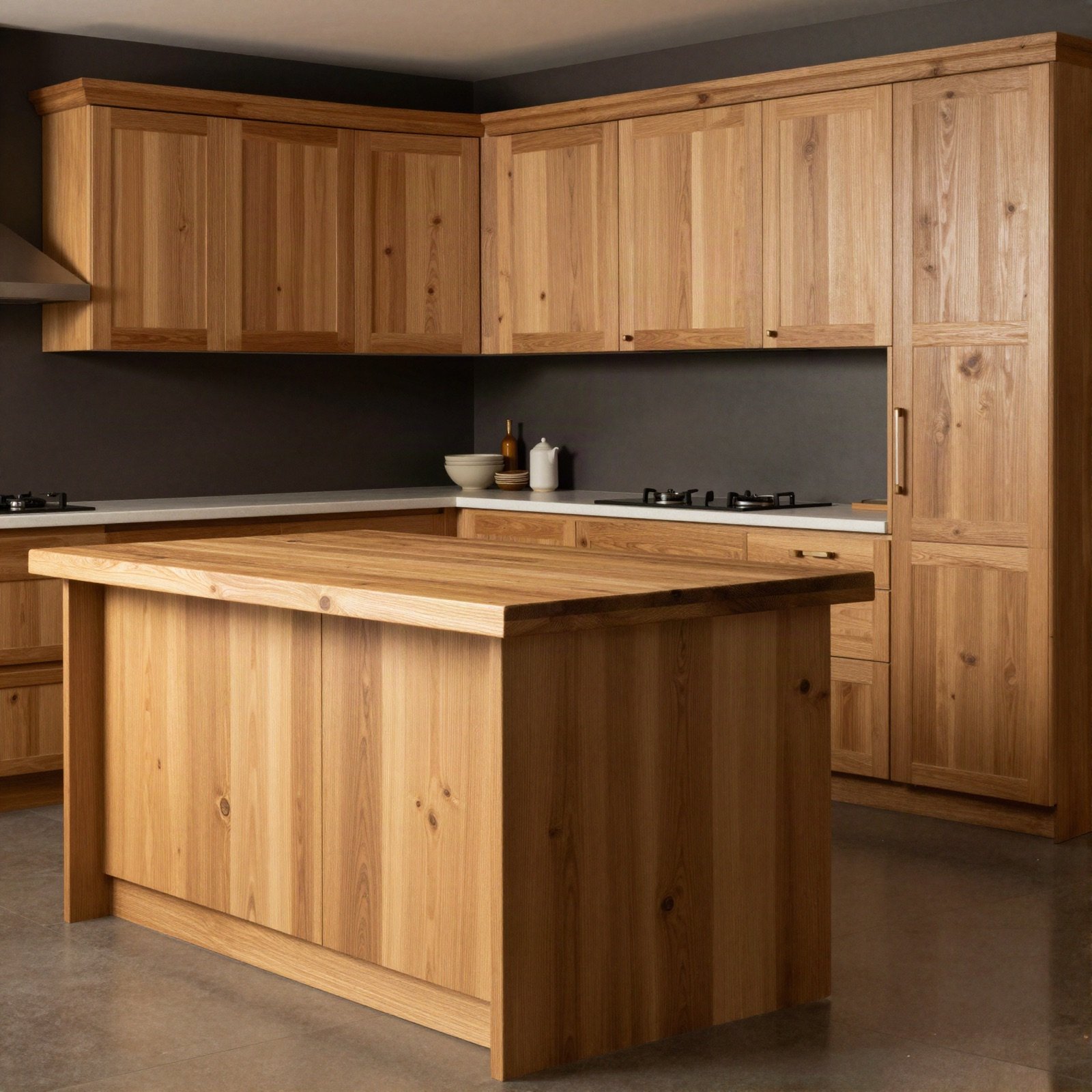 A fitted kitchen with solid wood cabinets and a wooden island