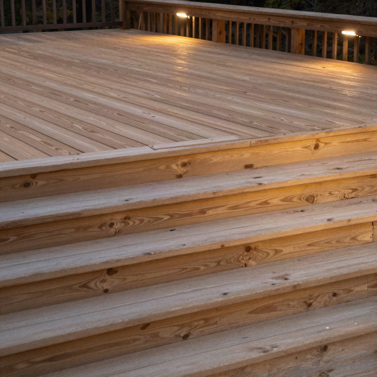 Wide wooden steps leading up to a new timber deck at dusk