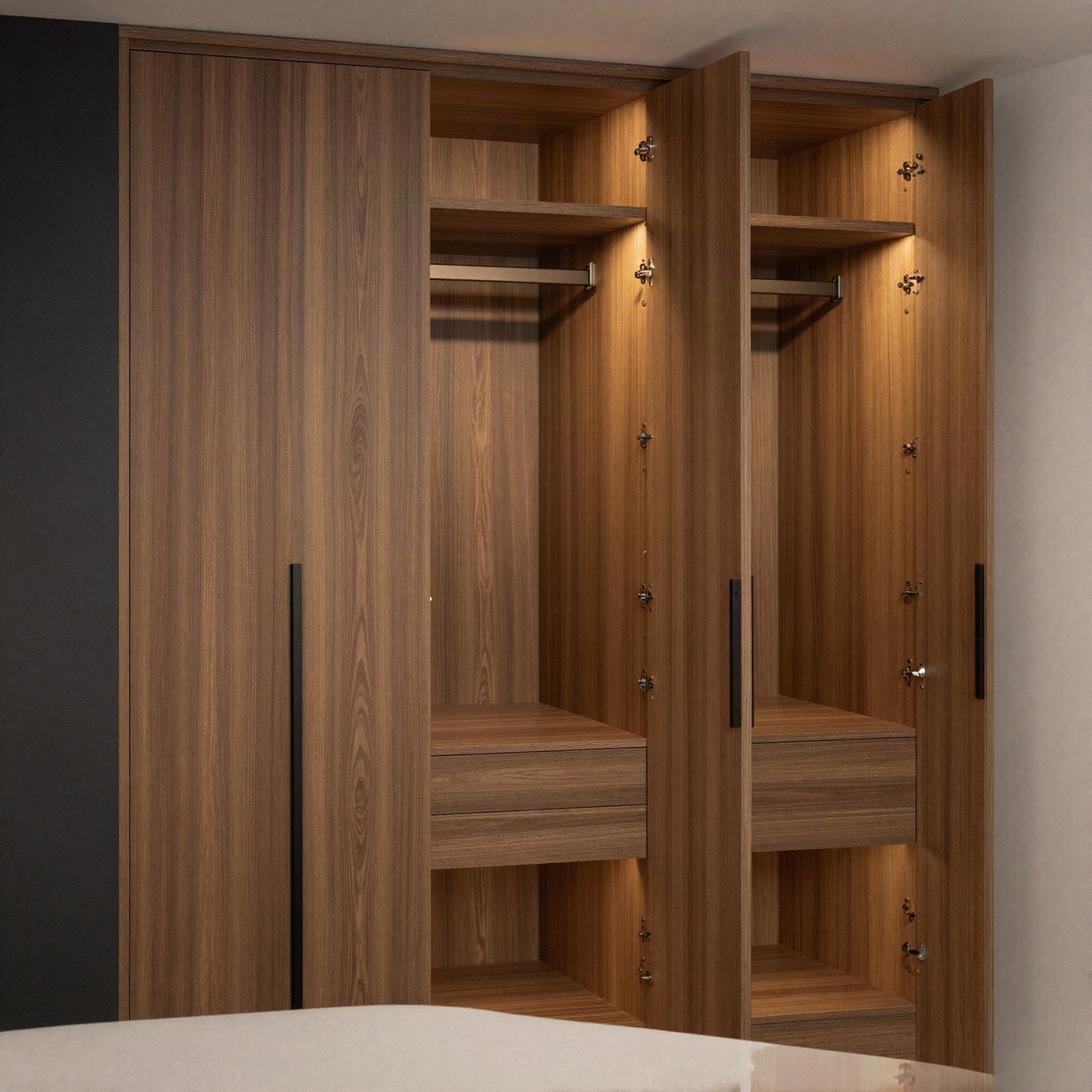 A built-in walnut wardrobe with lit open compartments