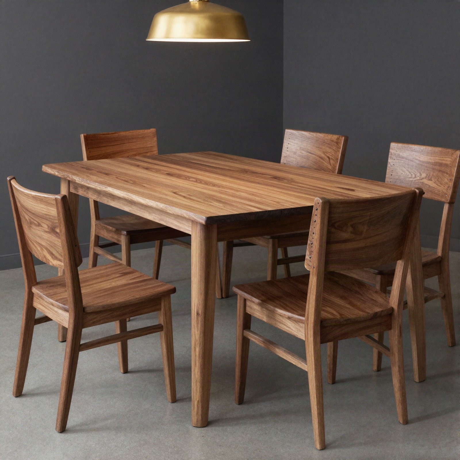 A solid wood dining table with four matching chairs