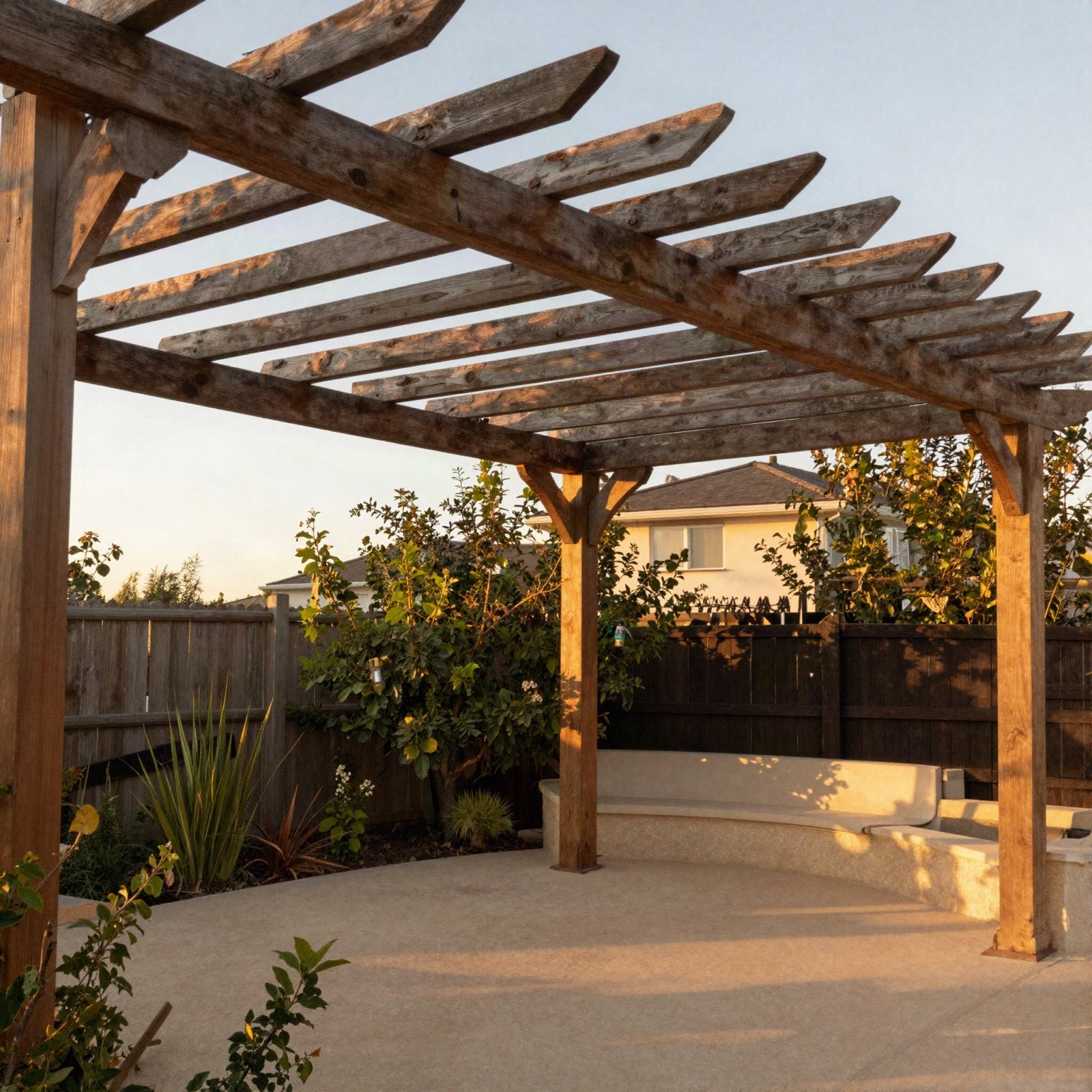 A timber pergola over a garden patio at sunset