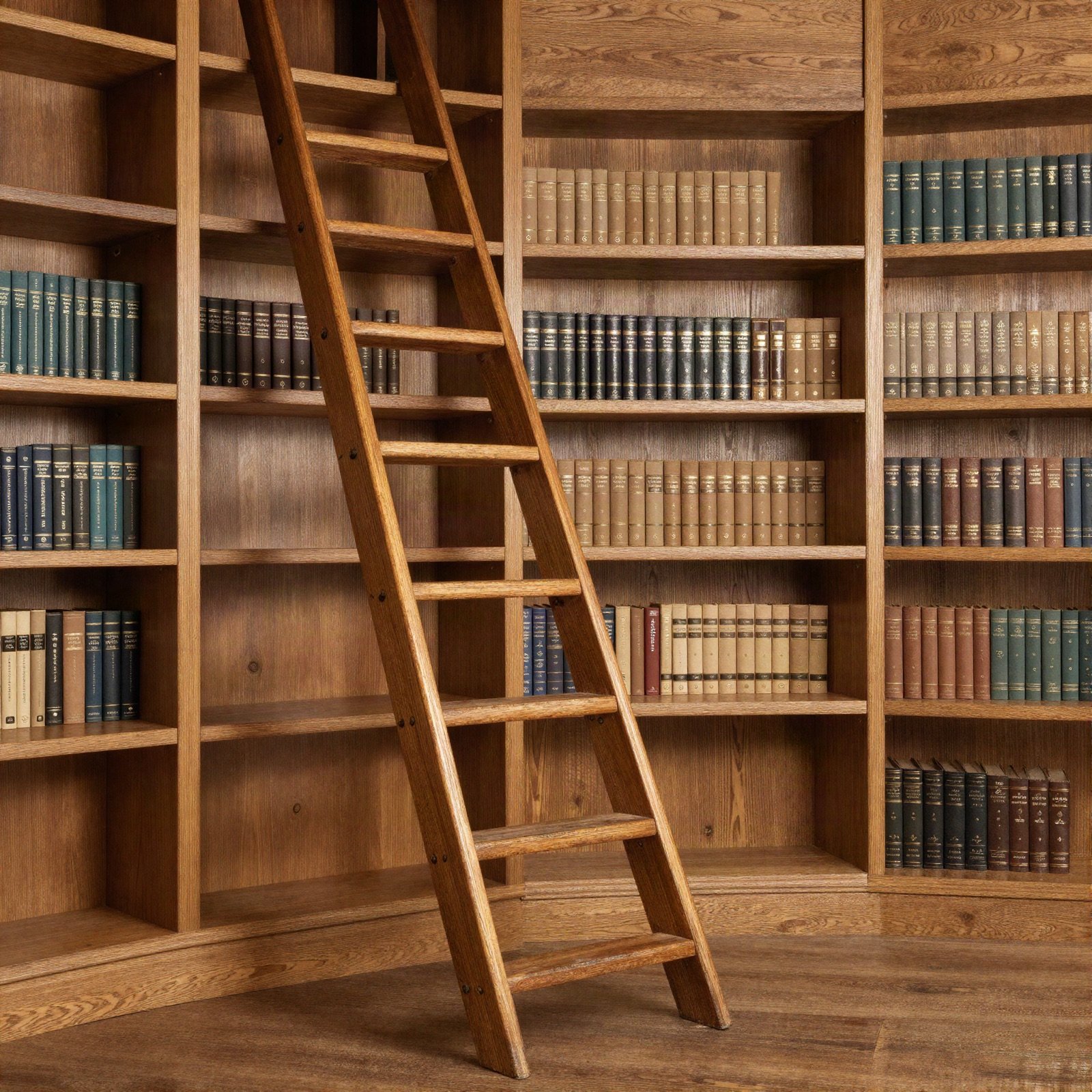A floor-to-ceiling oak library with a rolling ladder