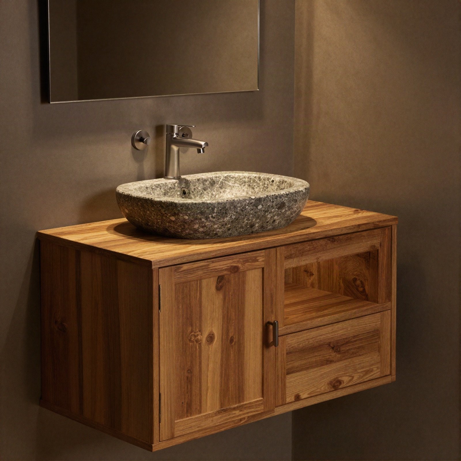 A wall-hung wooden bathroom vanity with a stone basin