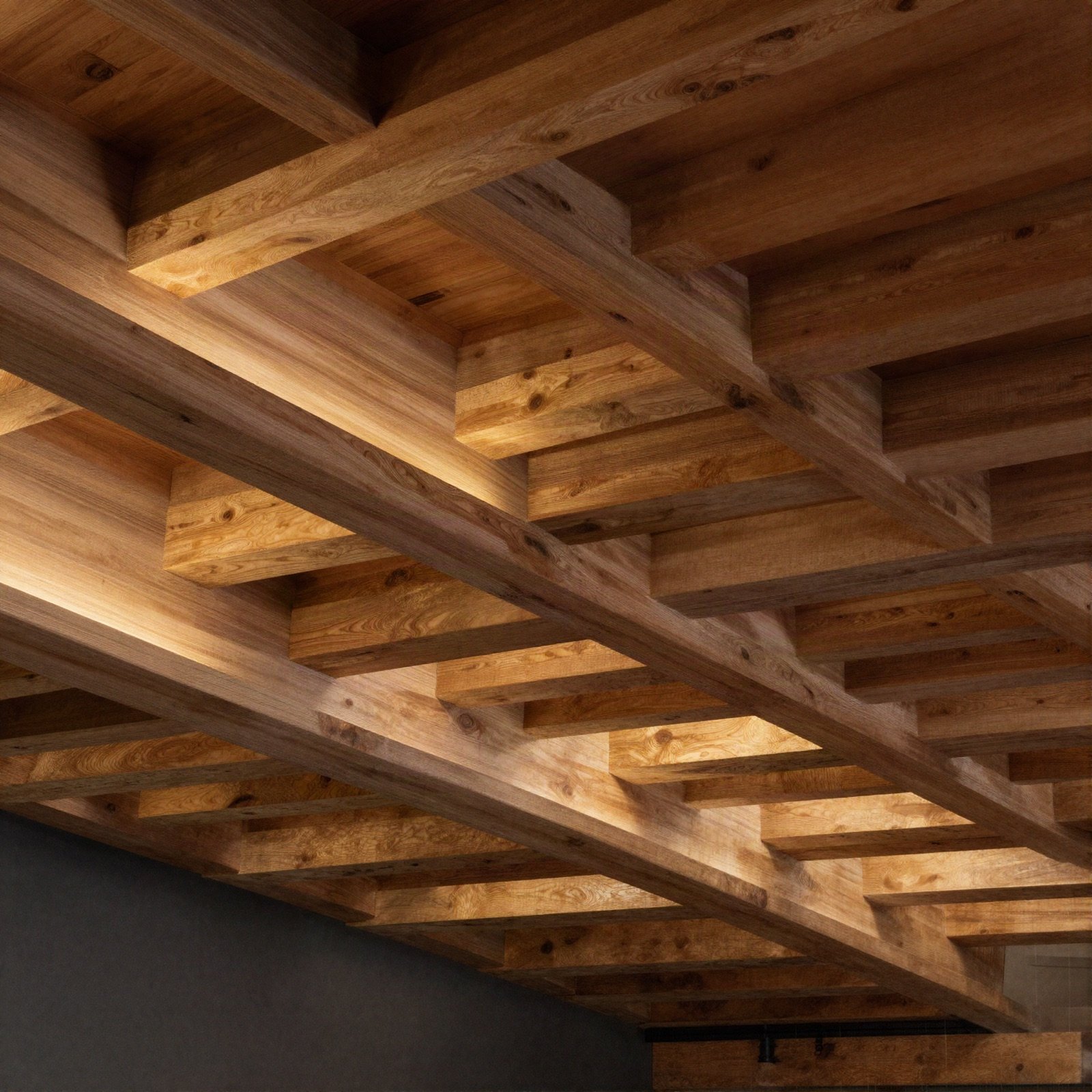 Exposed timber ceiling beams lit by warm light
