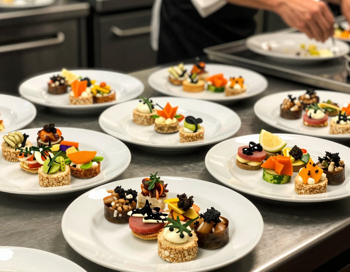 Chef plating colourful canapés and starters for an event