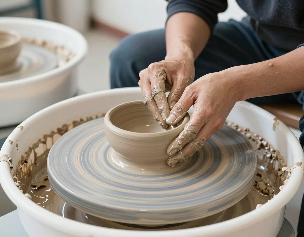 Potter's hands shaping a clay bowl on a spinning wheel