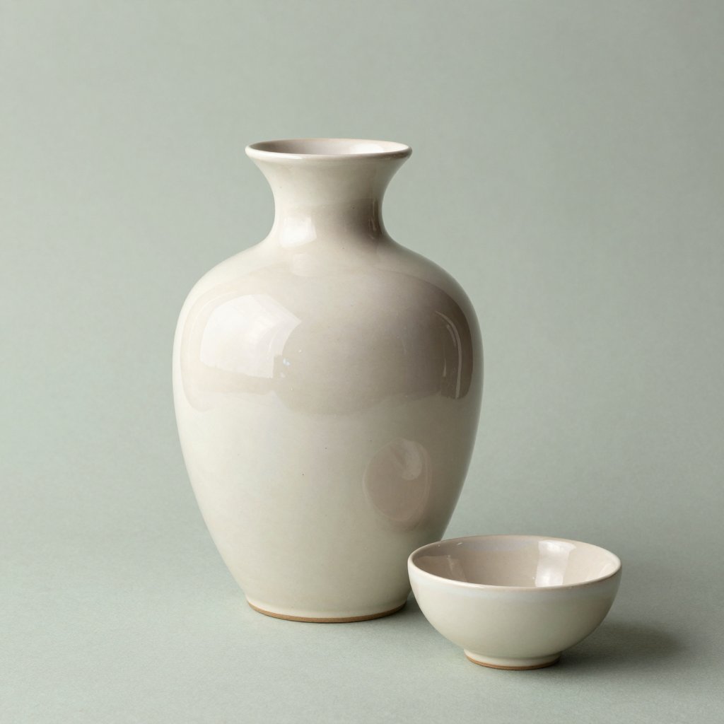 Cream ceramic vase and small bowl on a sage background