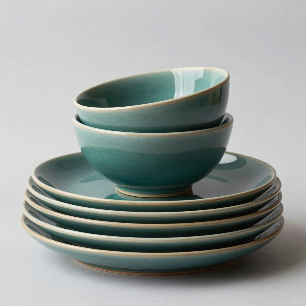 Stack of teal glazed ceramic plates and bowls