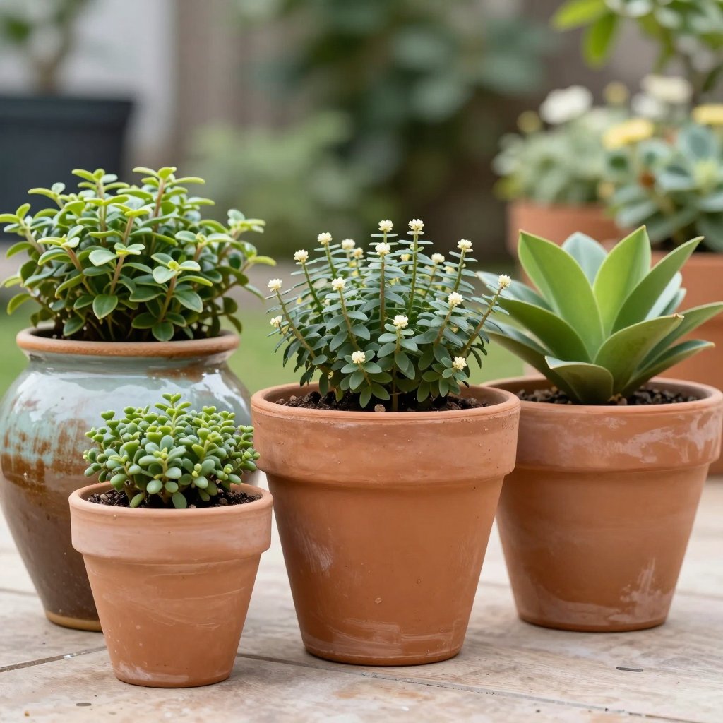 Terracotta and glazed plant pots with green plants on a patio