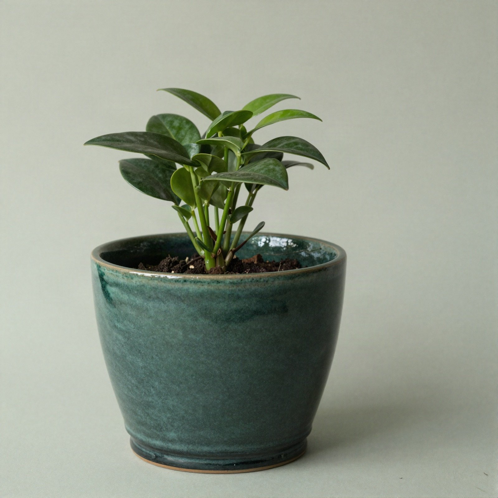 A handmade deep green glazed ceramic planter with a small leafy plant