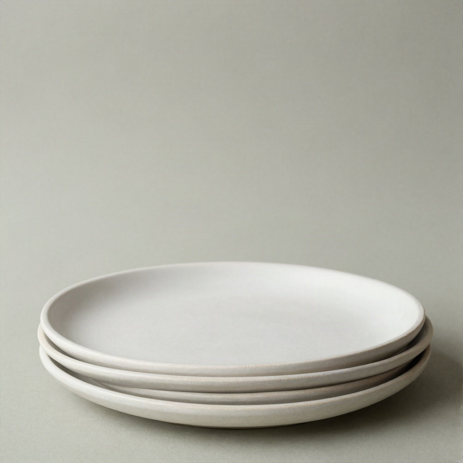 A stack of three handmade off-white ceramic plates with raw clay edges