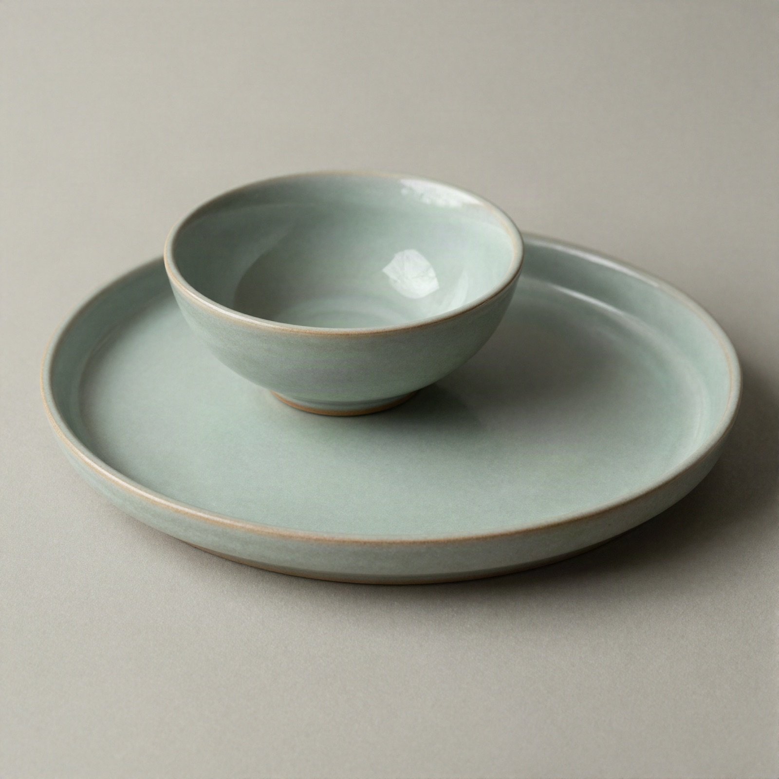 A handmade ceramic plate with a matching small bowl on top in sage green glaze