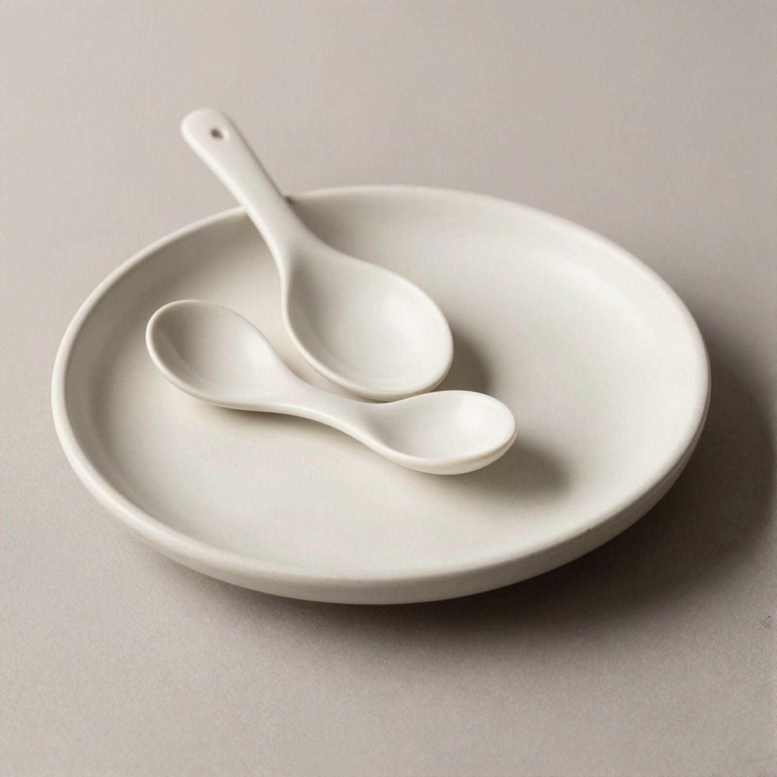 Handmade off-white ceramic plate with two matching spoons