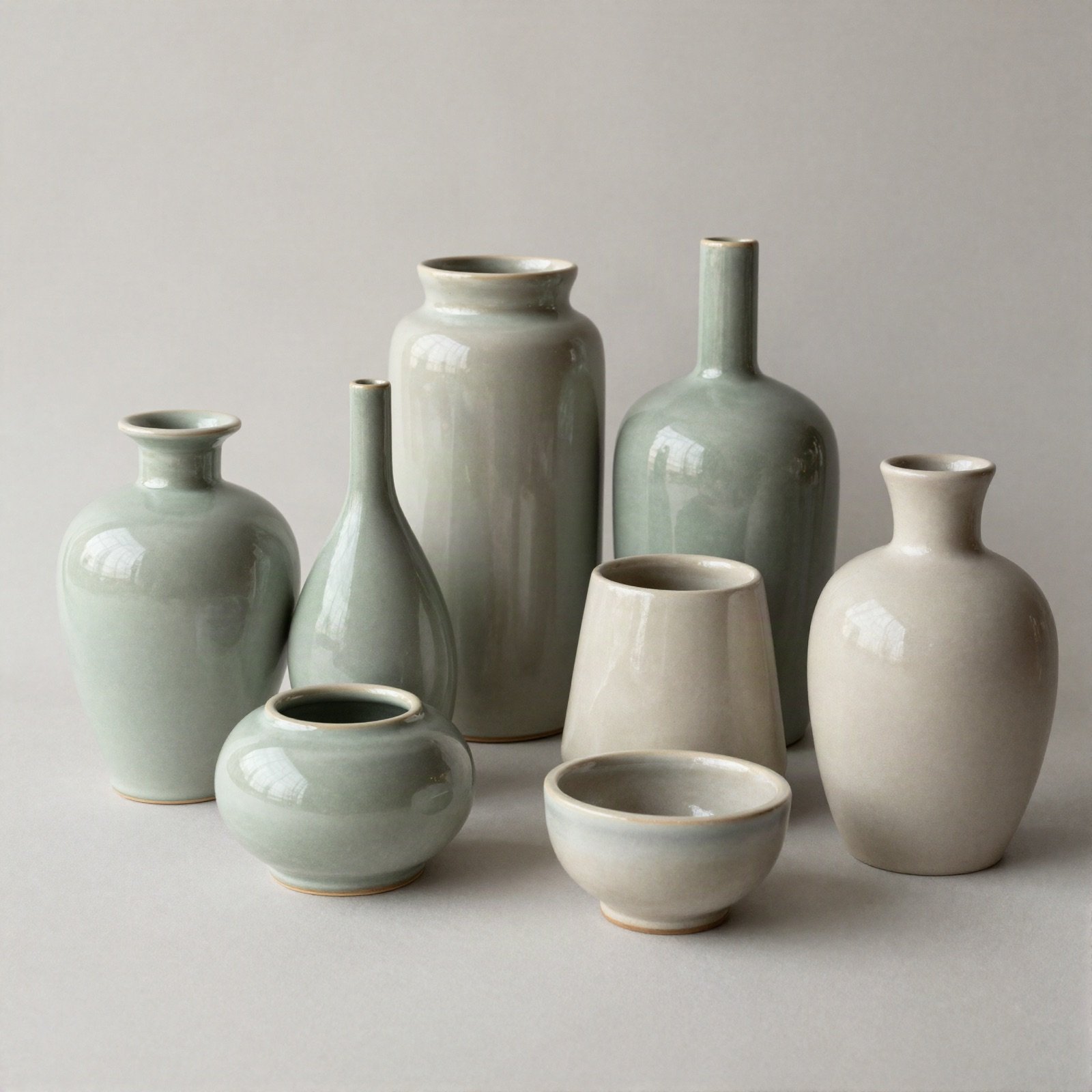 Handmade sage green and cream ceramic vases and small planters