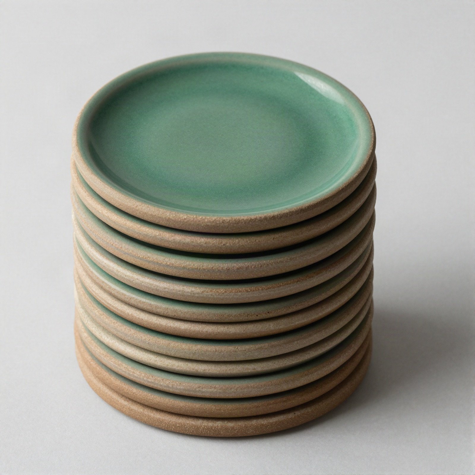 Stack of green glazed ceramic coasters with raw clay edges