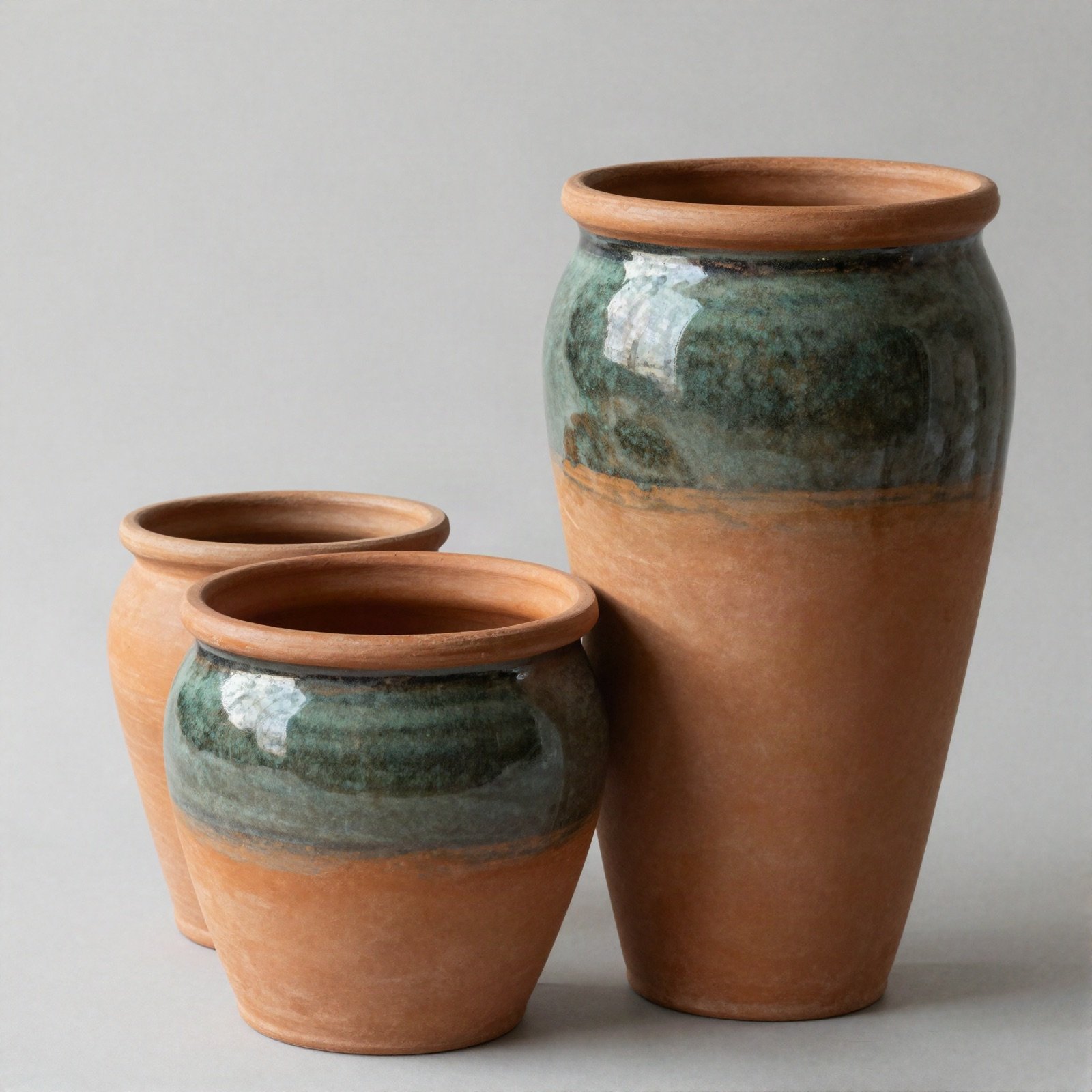 Terracotta garden pots with dark green glaze