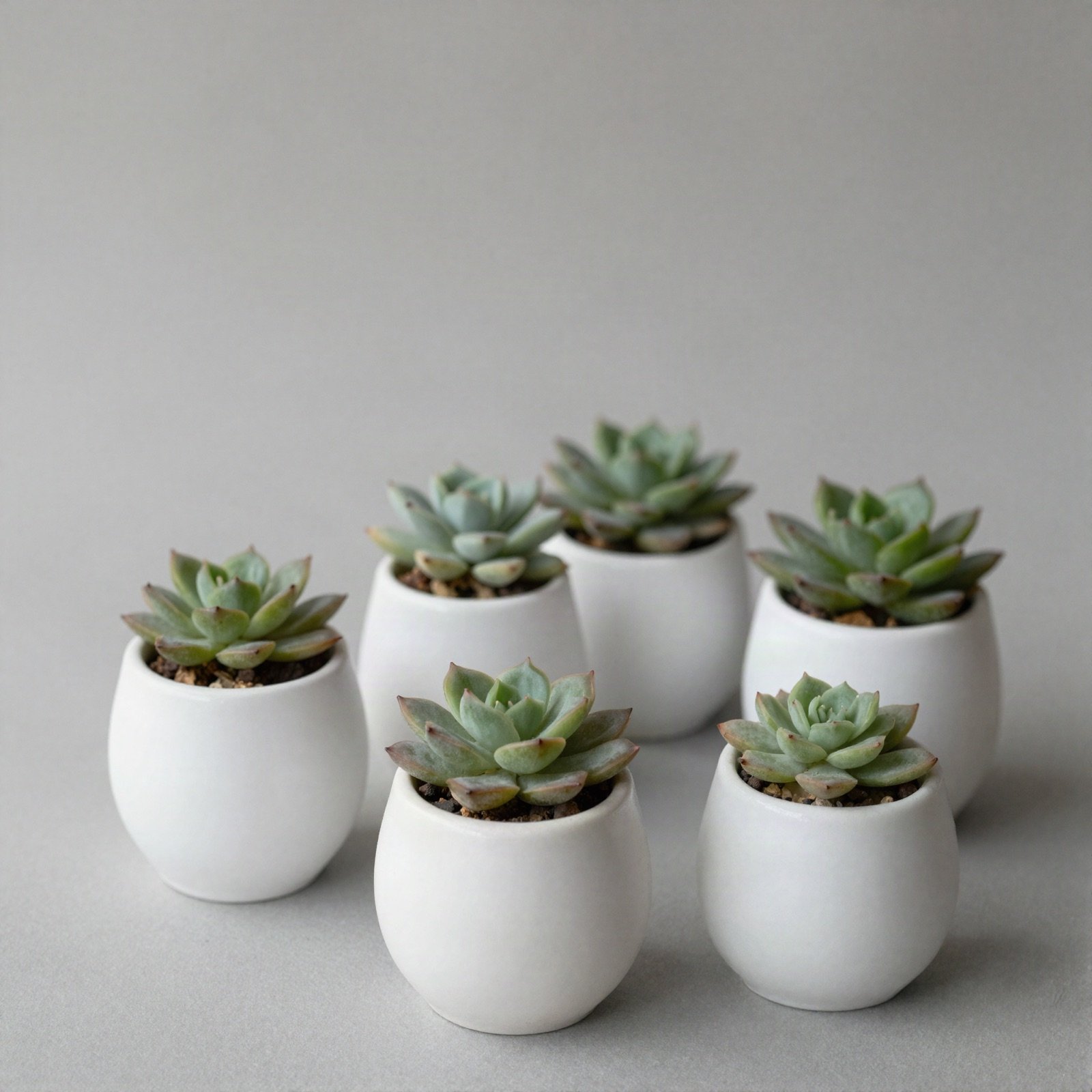 Small white ceramic plant pots with succulents