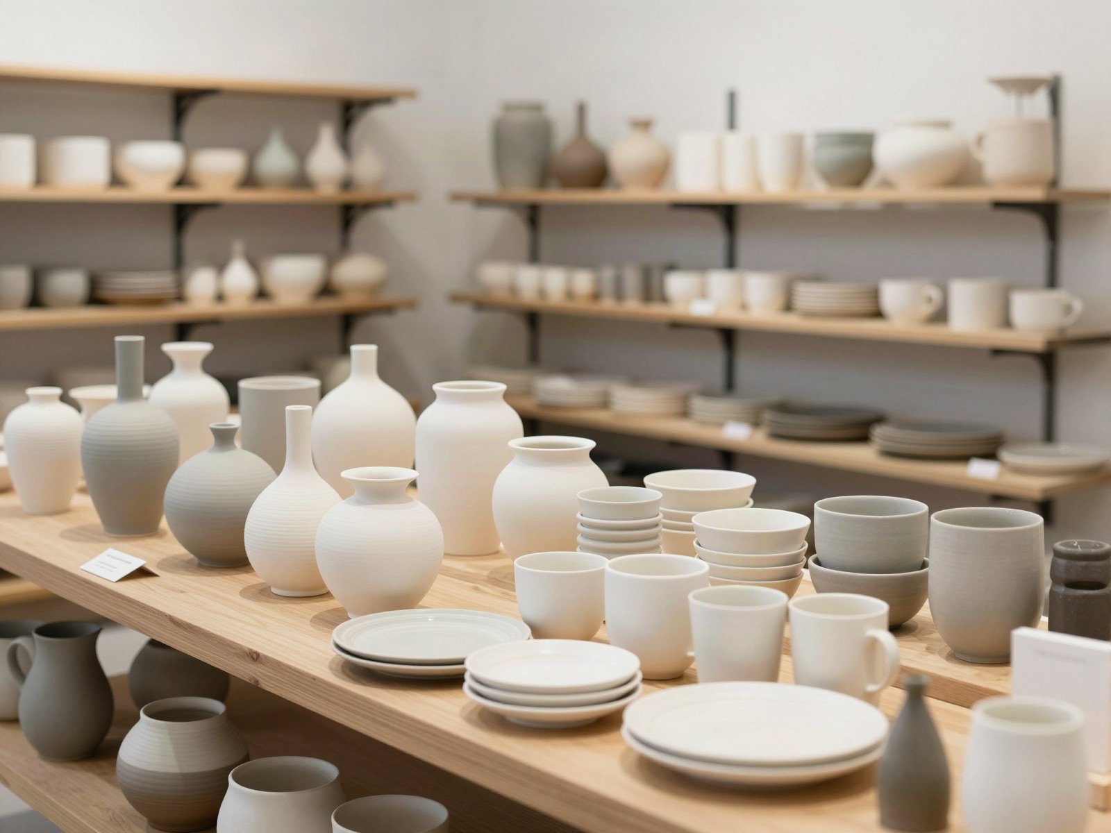 Ceramic shop with handmade vases, plates and cups on wooden tables