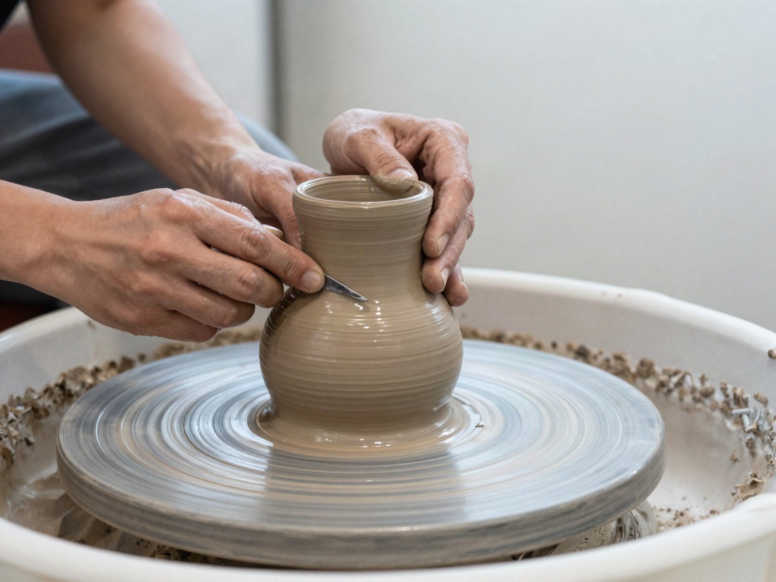 Potter trimming a clay vase on a pottery wheel