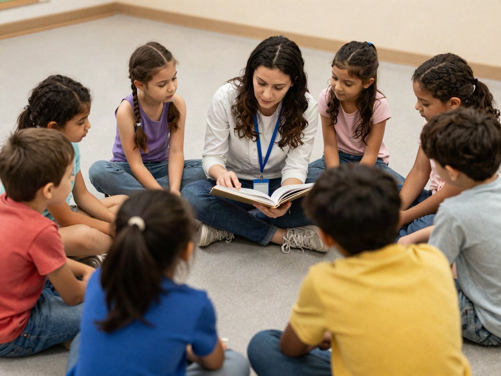 A volunteer teacher reading a book to children sitting in a circle