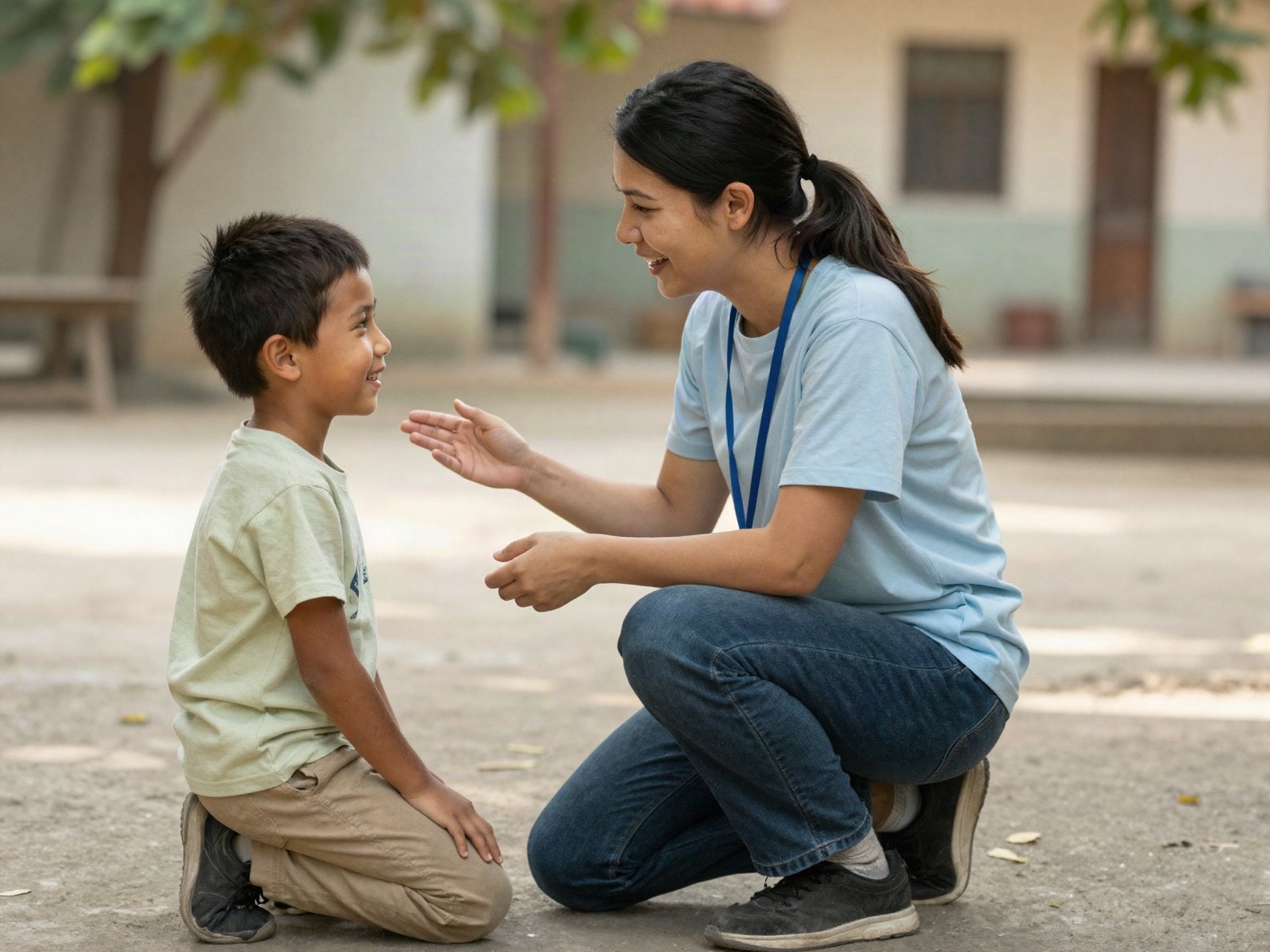 A volunteer kneeling to talk with a smiling little boy in a courtyard