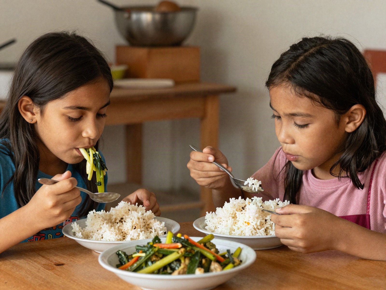 Two young sisters eating rice and vegetables at a community kitchen