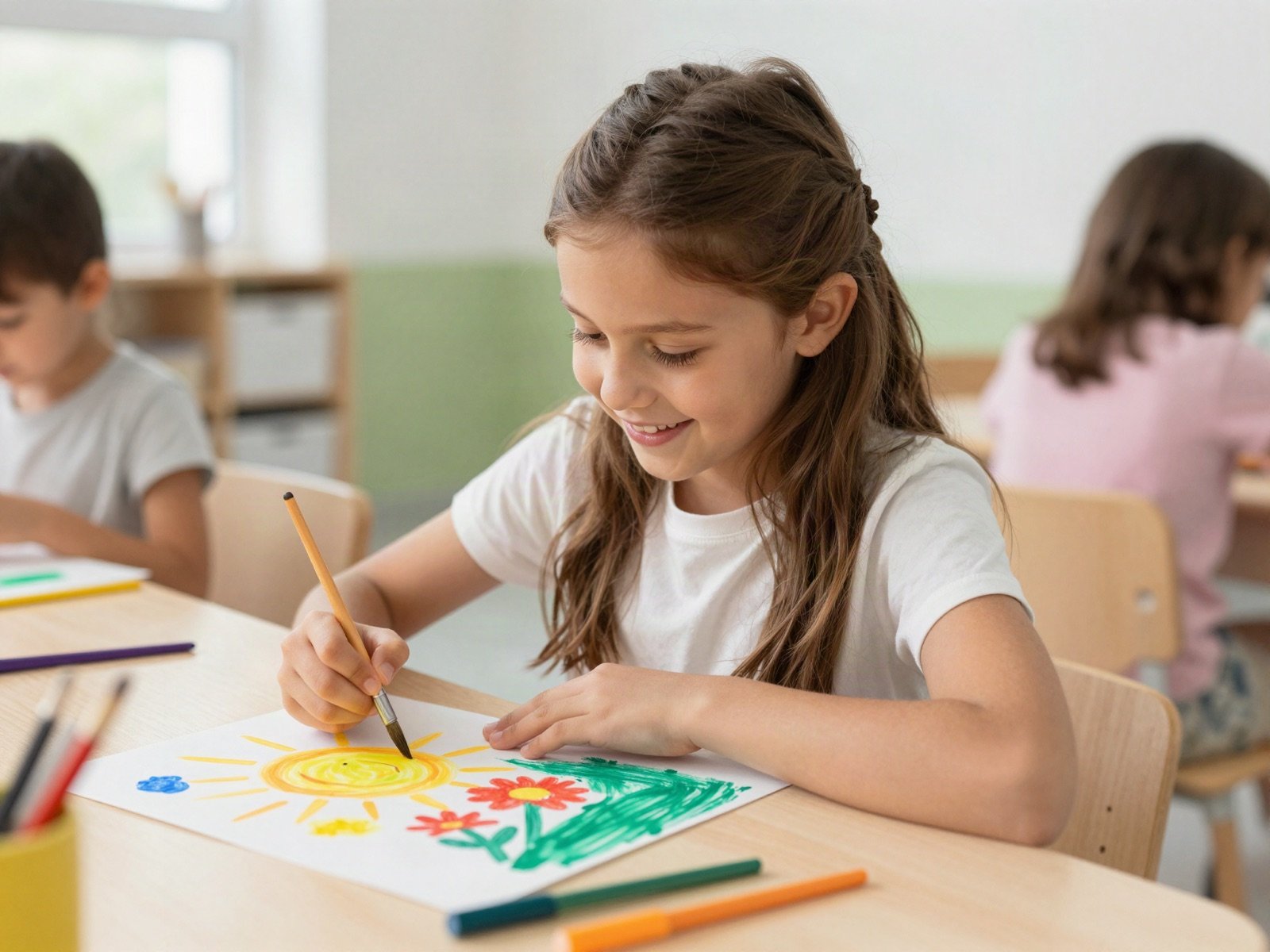A smiling girl painting a picture of a sun and flowers