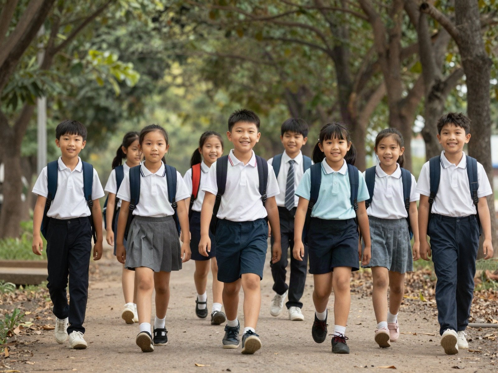 Schoolchildren with backpacks walking to school along a tree-lined path