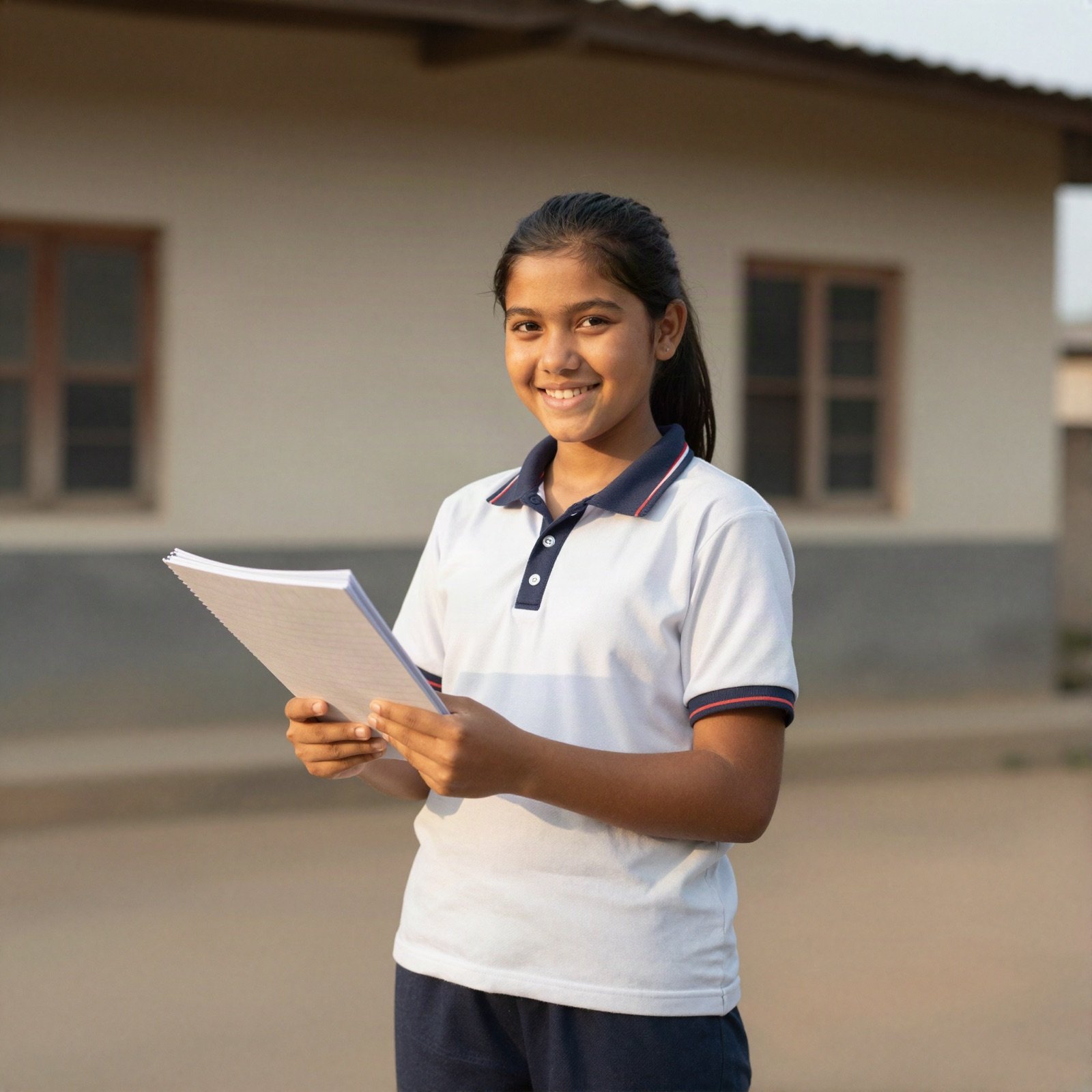 A smiling girl holding a notebook outside a rural school