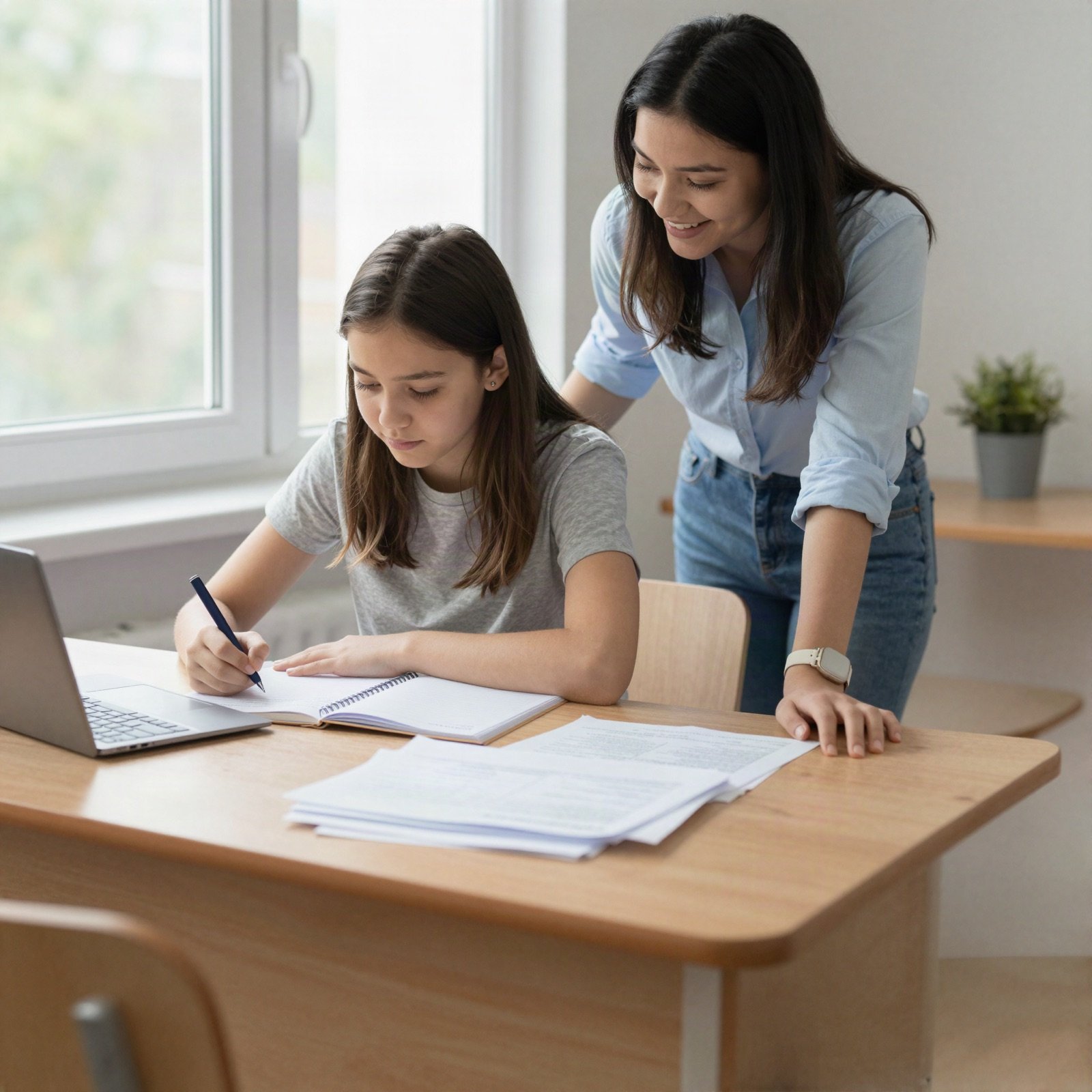 A teenage girl studying at a desk with a counsellor beside her