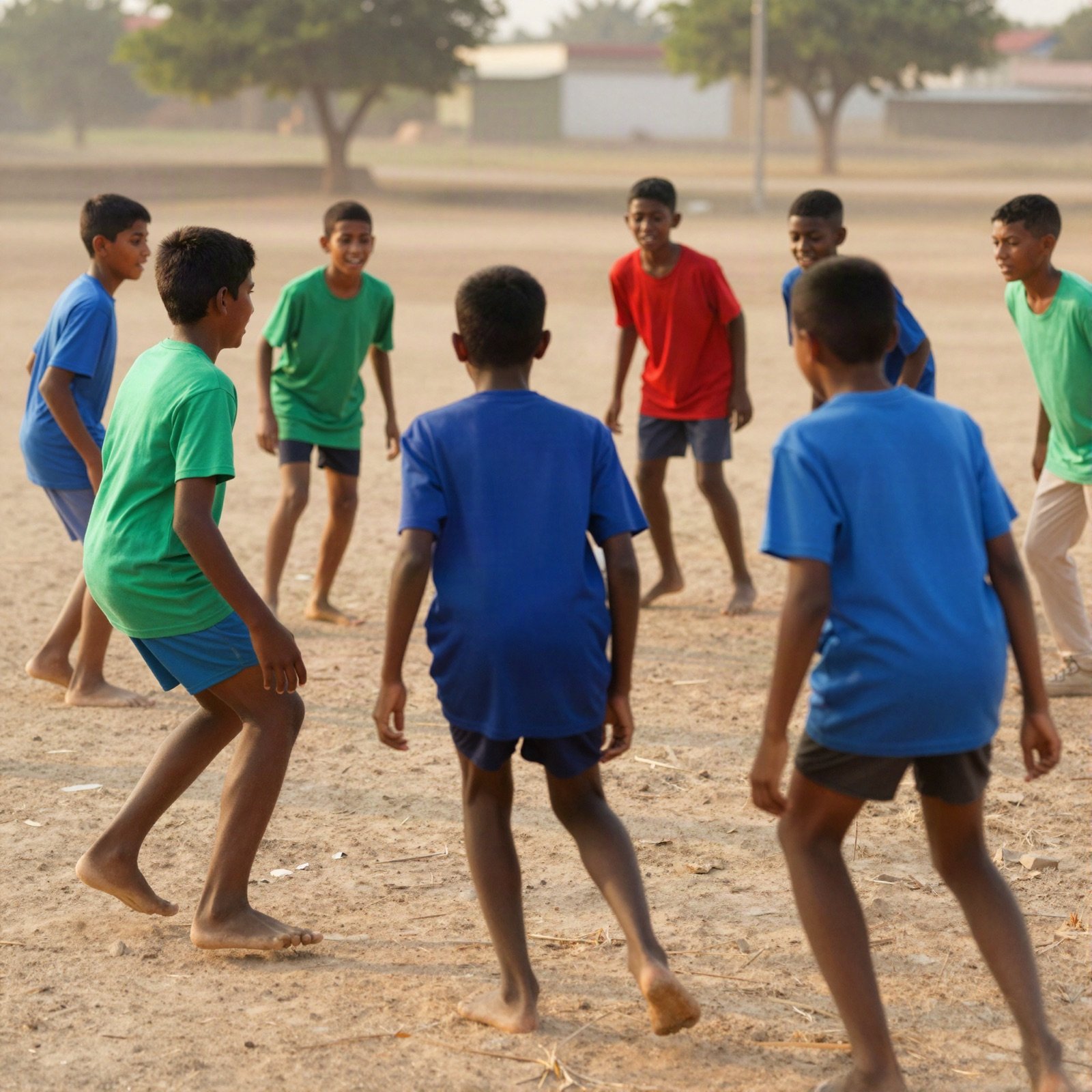 Boys playing football barefoot on a dusty village field