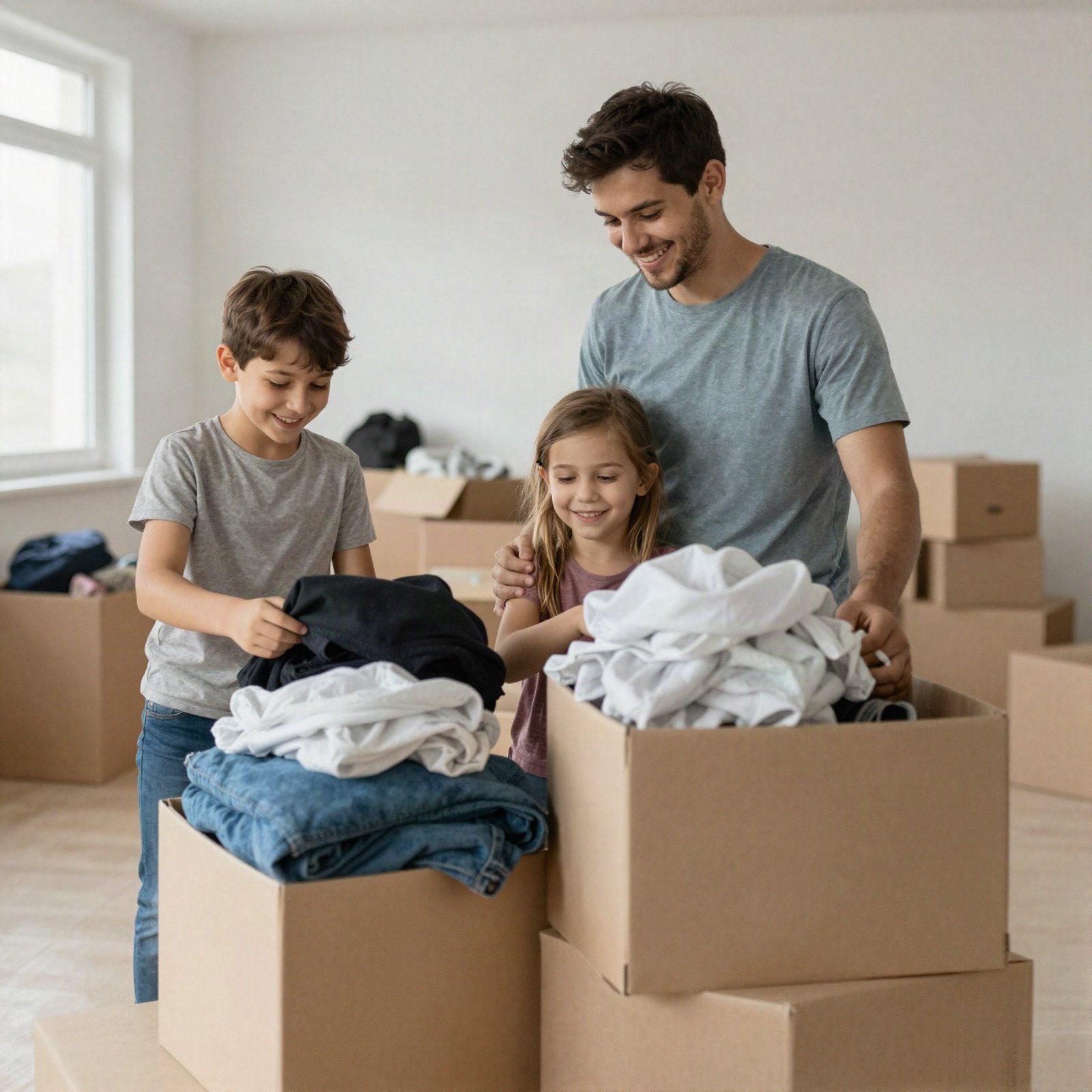 A father and two children unpacking boxes in a new home