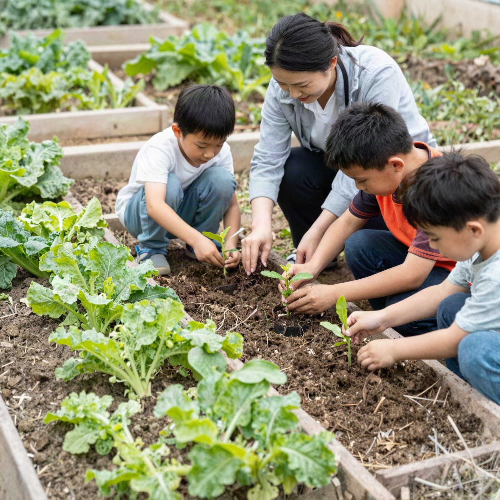 Children planting seedlings in a school garden with a teacher