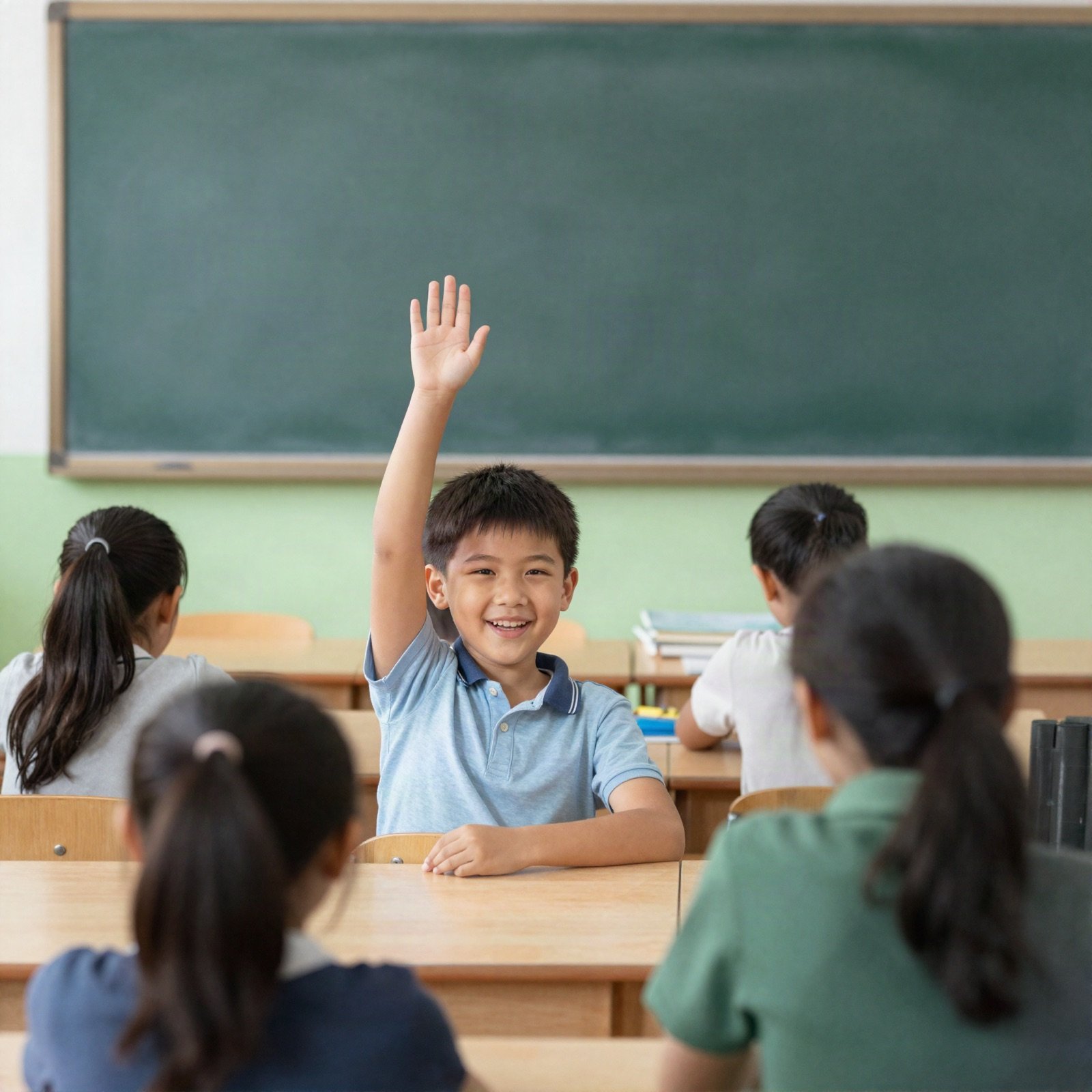 A smiling boy raising his hand in a classroom