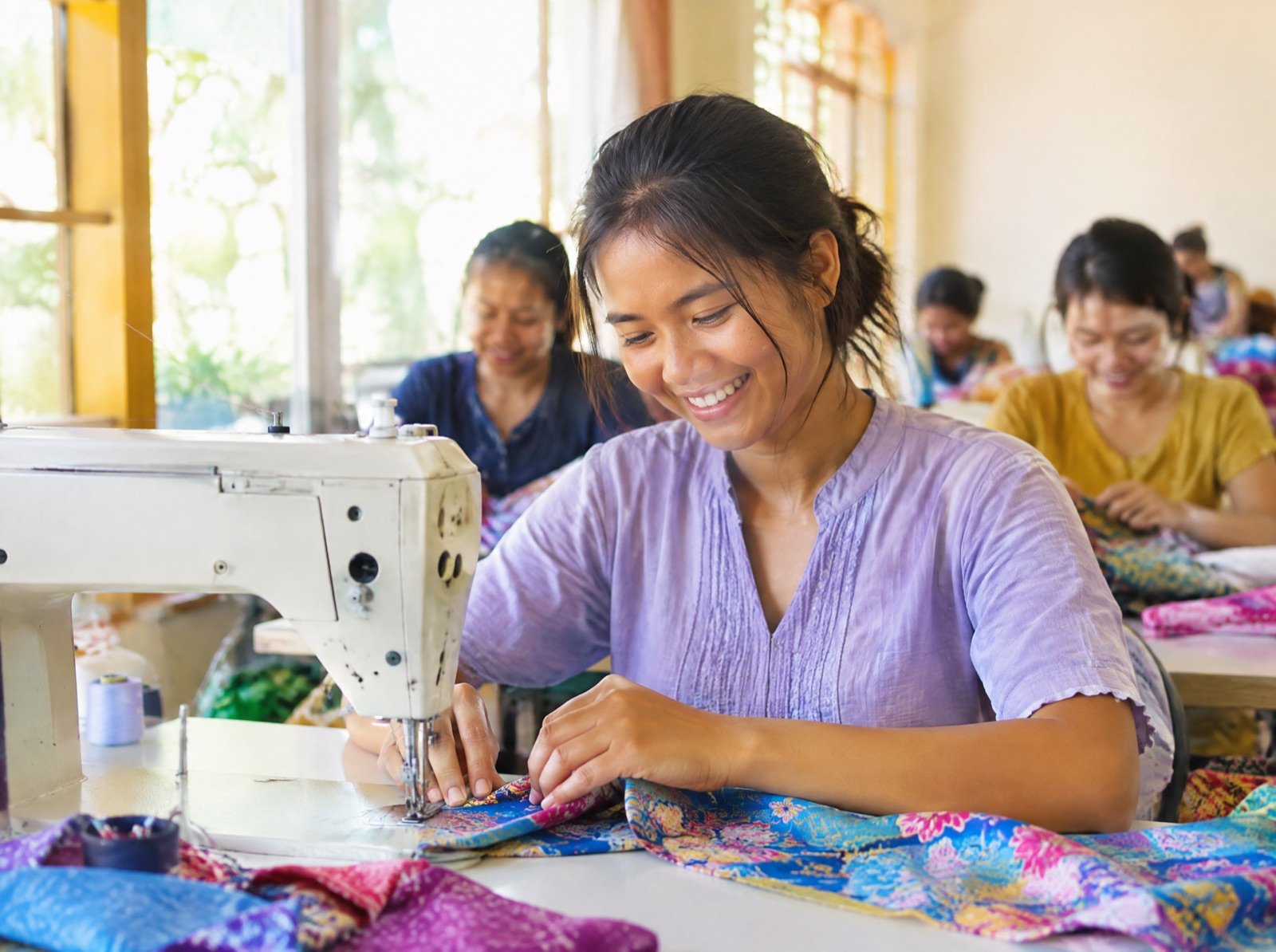 A smiling young woman sewing colourful fabric at a community training workshop