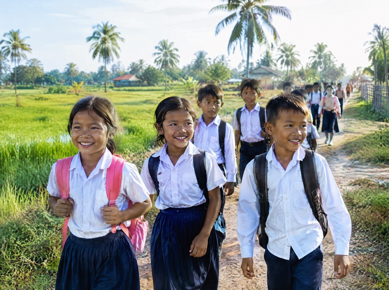 Smiling schoolchildren in white shirts walking to school along a village road between rice fields