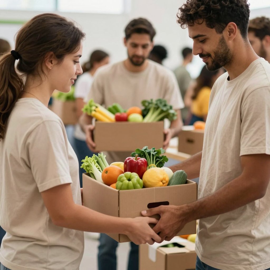 Volunteers handing boxes of fruit and vegetables to families at a food drive