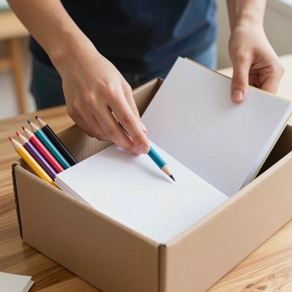 Volunteer packing pencils and notebooks into a donation box