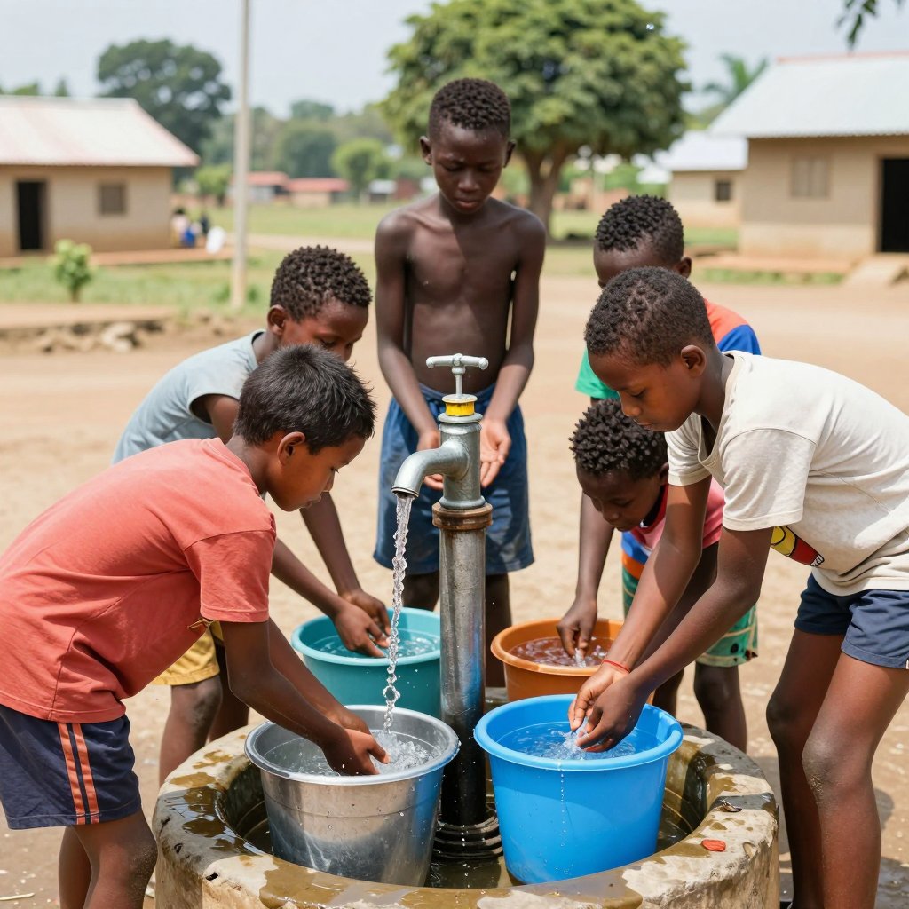 Children filling buckets at a village hand pump