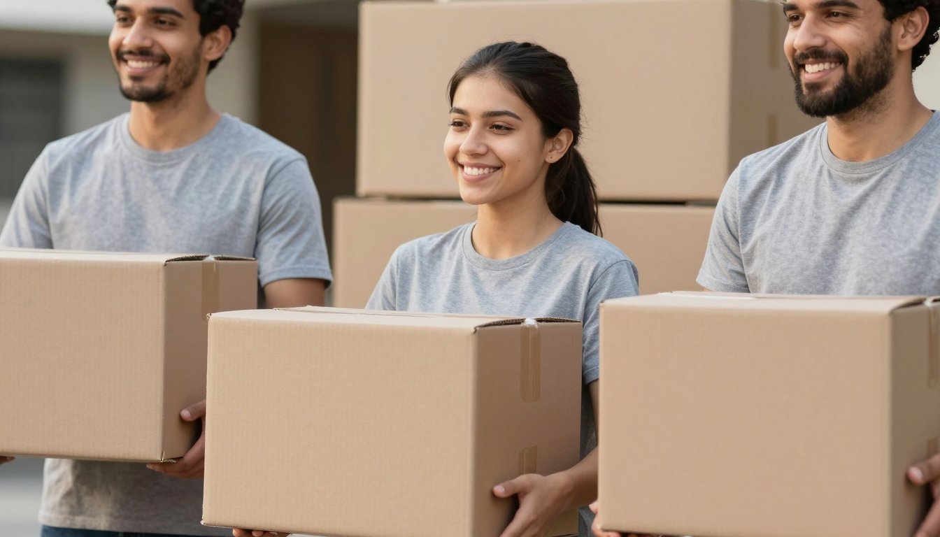 Three volunteers carrying cardboard boxes together