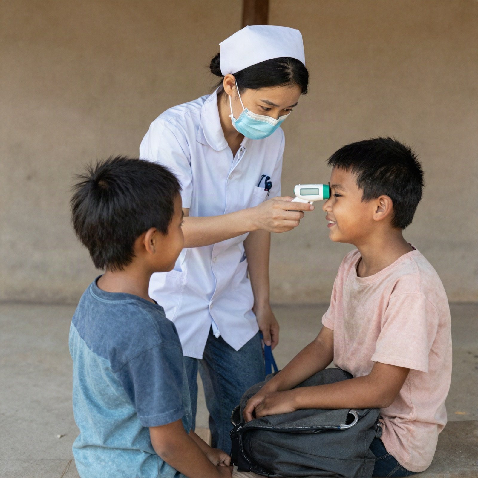 A nurse checking a smiling boy's temperature at a rural clinic
