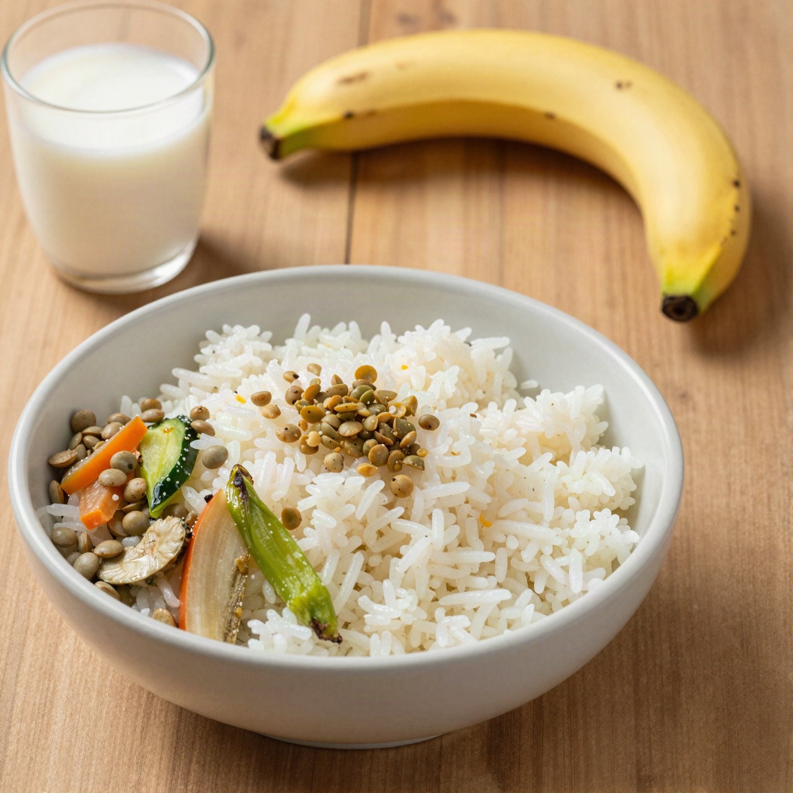 A bowl of rice, lentils and vegetables with milk and a banana