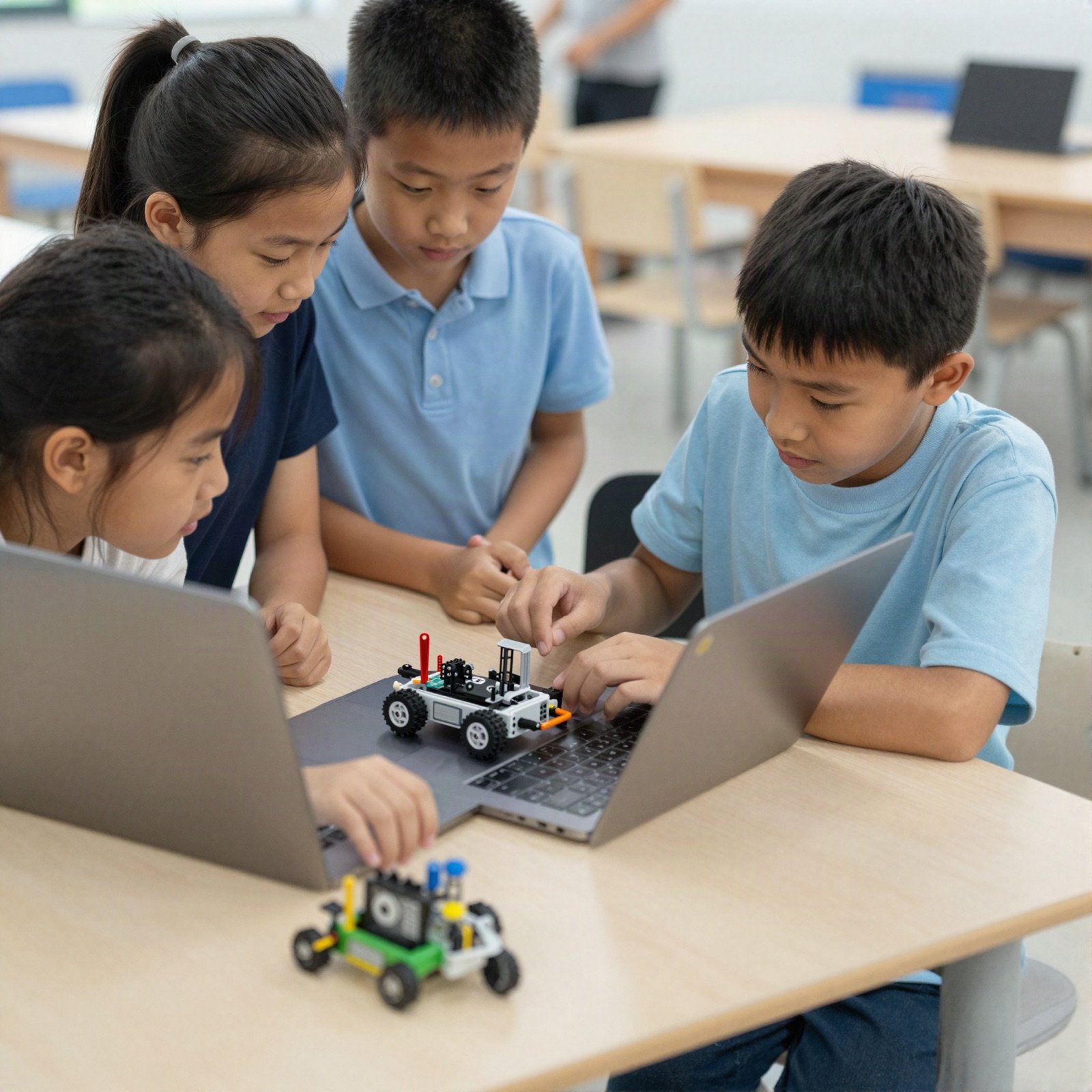 Children building a small robot together with a laptop