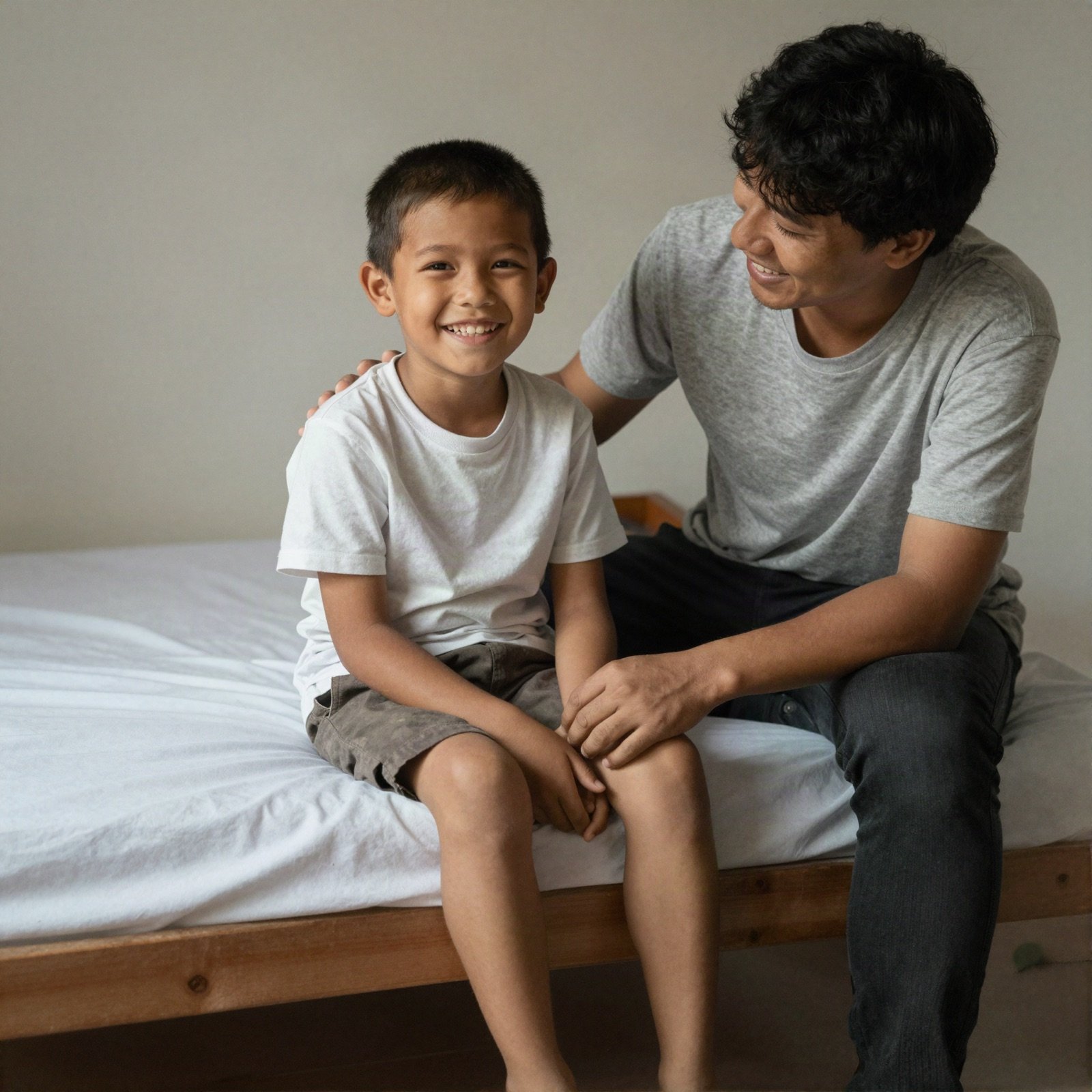 A smiling boy and a caretaker sitting on a bed in a shelter home