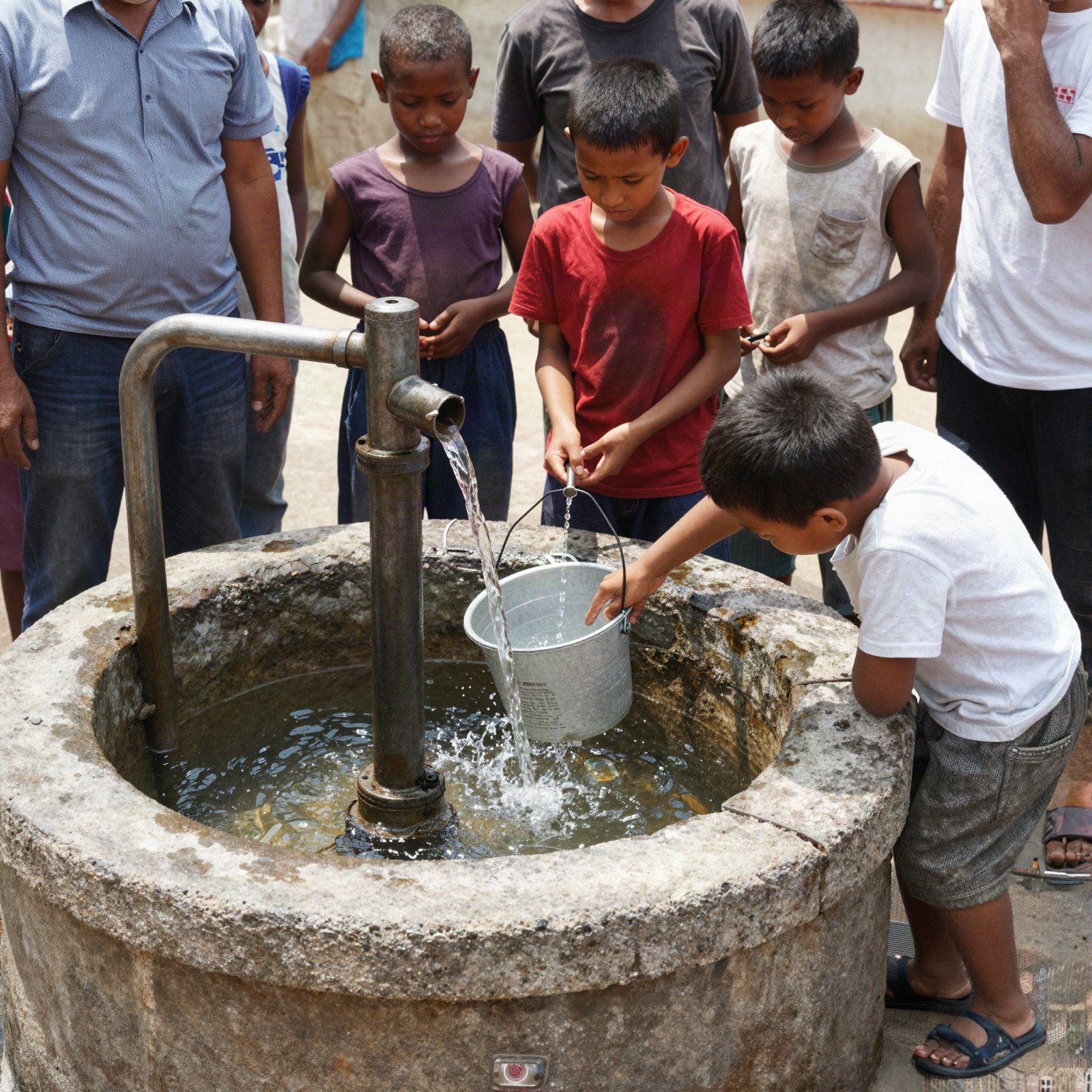 Children filling a bucket at a village well with a hand pump