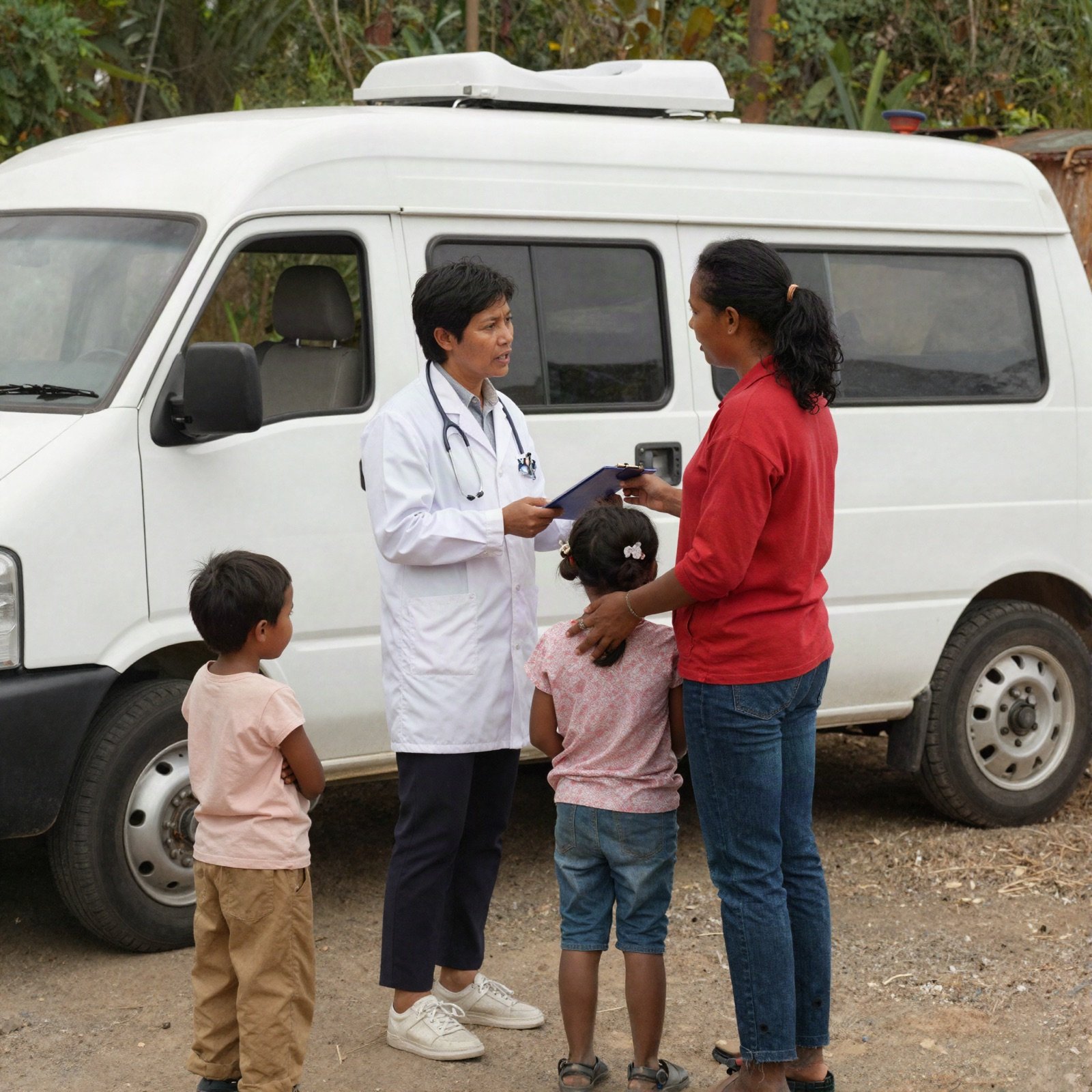 A doctor talking with a mother and child beside a mobile clinic van